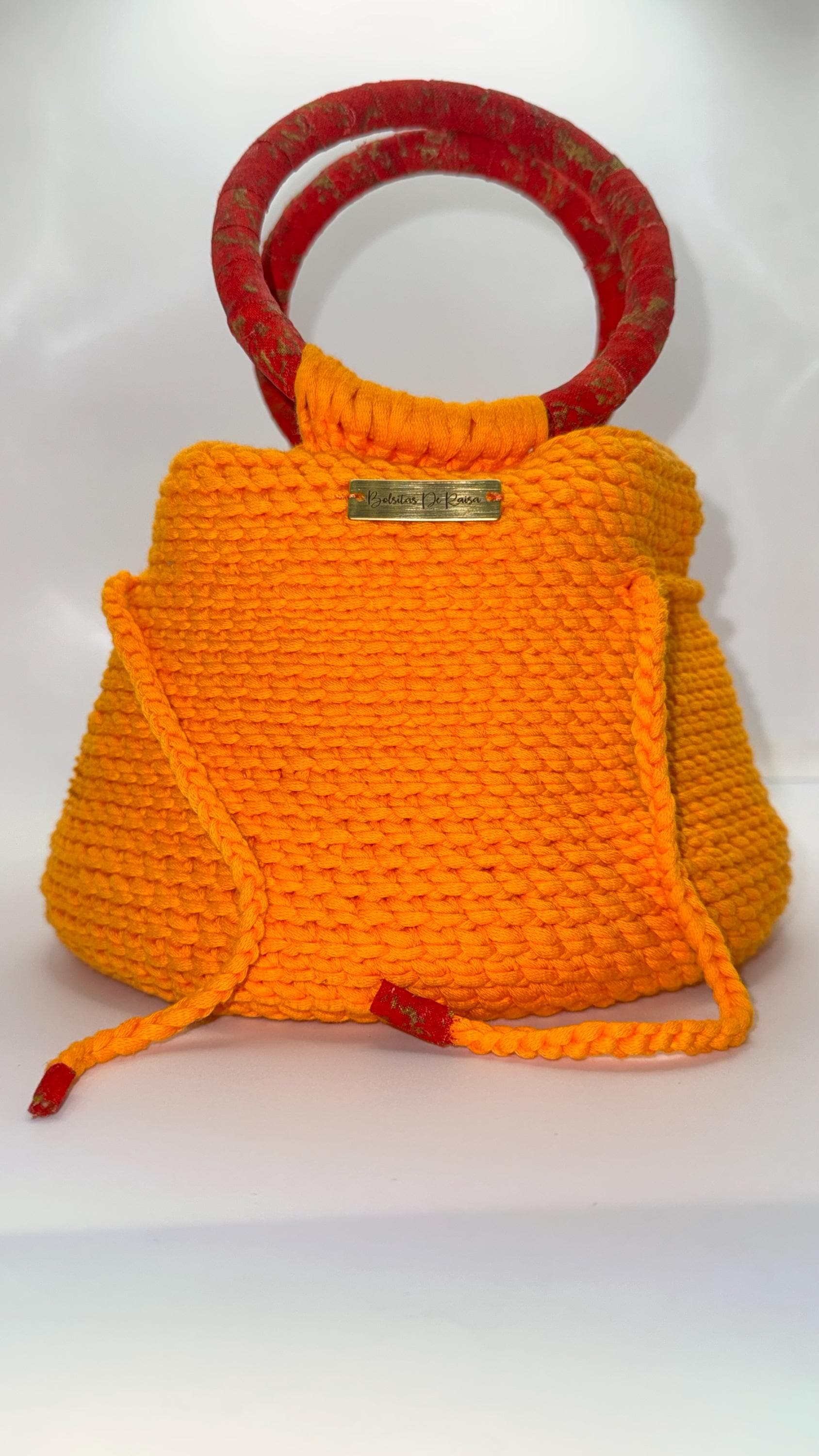 Orange Crochet Bucket Bag | Red Wrapped Handles, Fabric Lined, Drawstring Closure