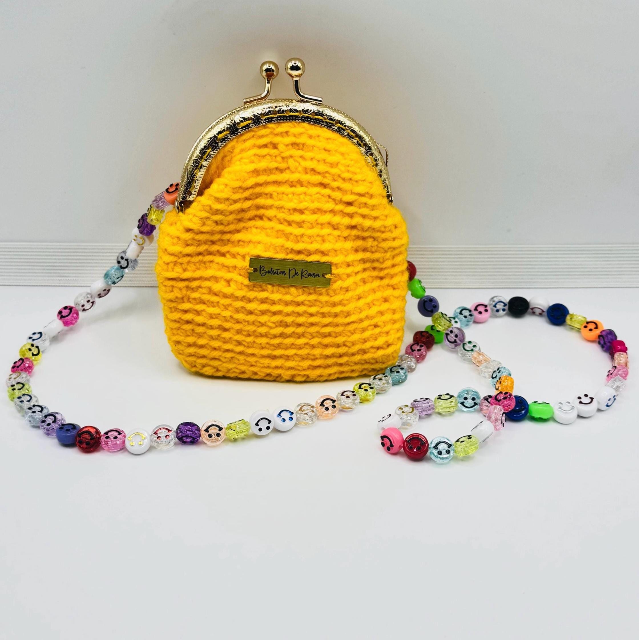 Yellow Crochet Coin Purse, Smiley Face Chain, Kiss Lock Mini Clutch, Festival Bag
