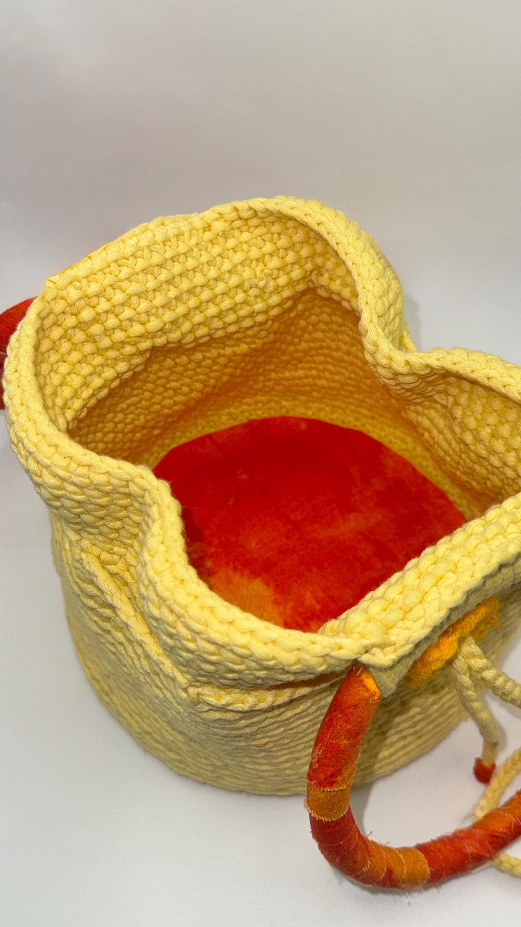 Yellow Crochet Bucket Bag | Wrapped Handles, Floral Detail, Spring Purse