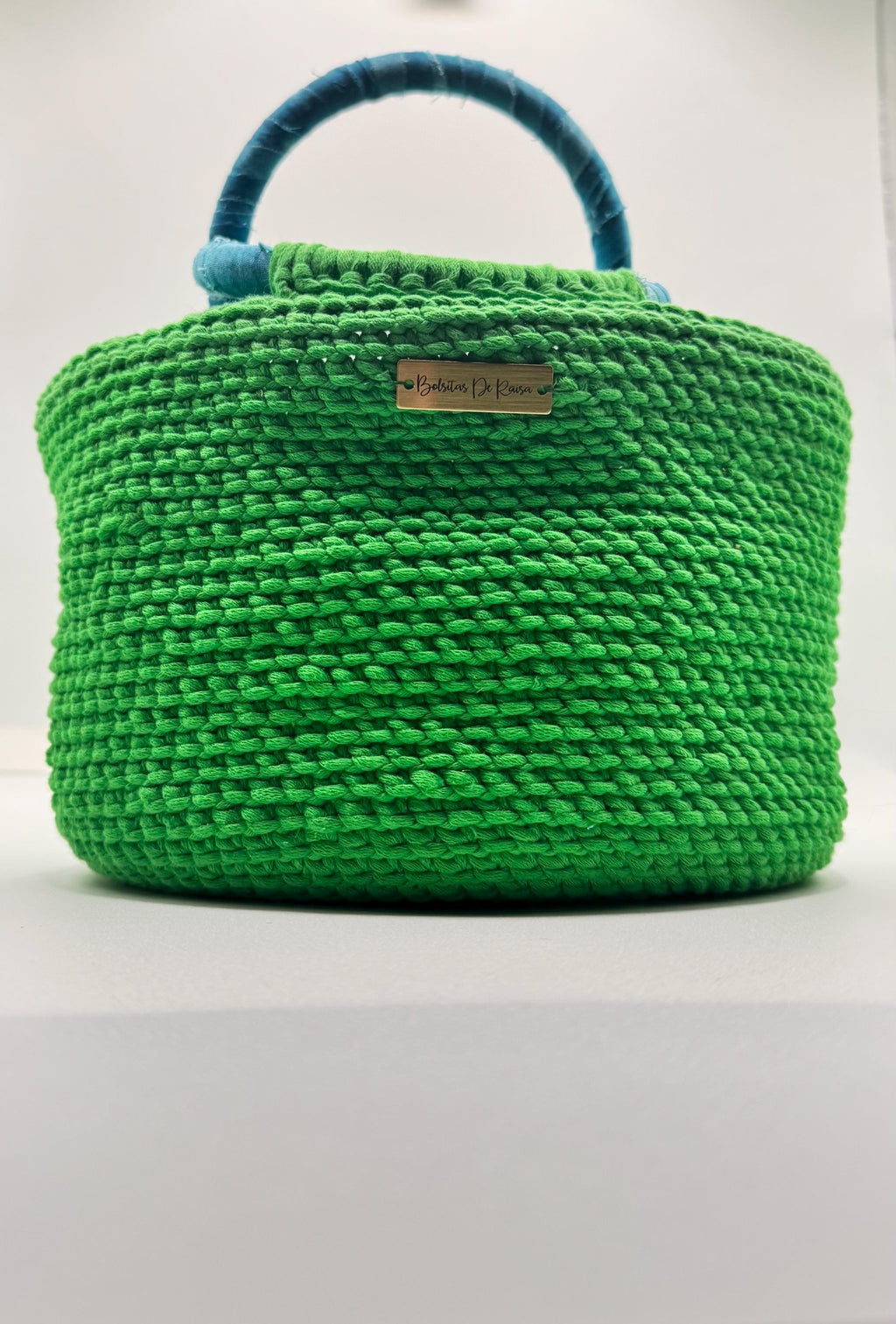 Green Crochet Handbag with Blue Wrapped Handles | Artisan Spring Tote Bag