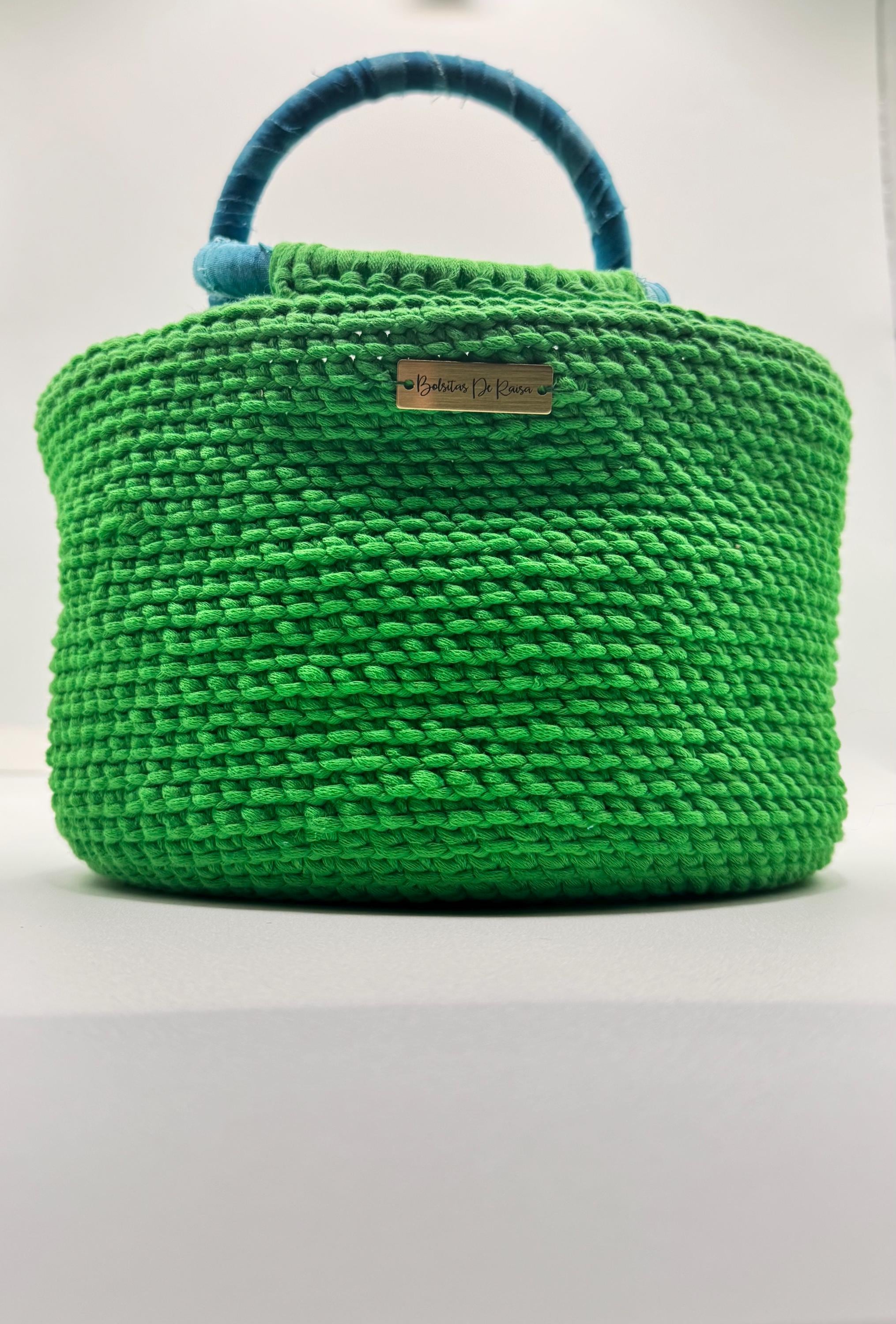 Green Crochet Handbag with Blue Wrapped Handles | Artisan Spring Tote Bag