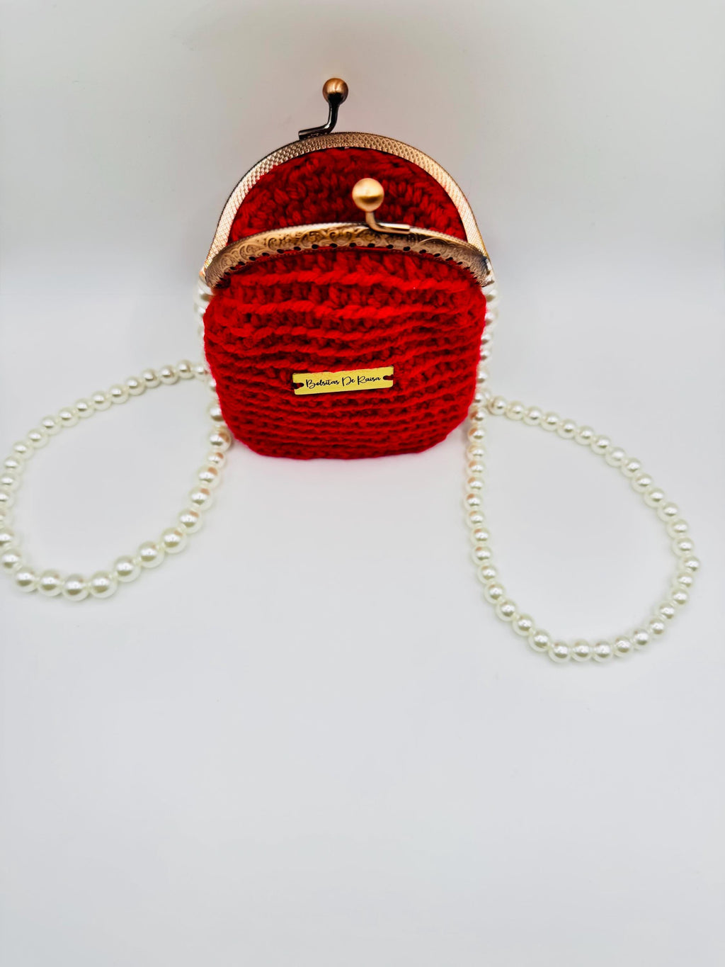 Red Crochet Coin Purse, Pearl Chain Mini Clutch, Vintage Style Evening Bag