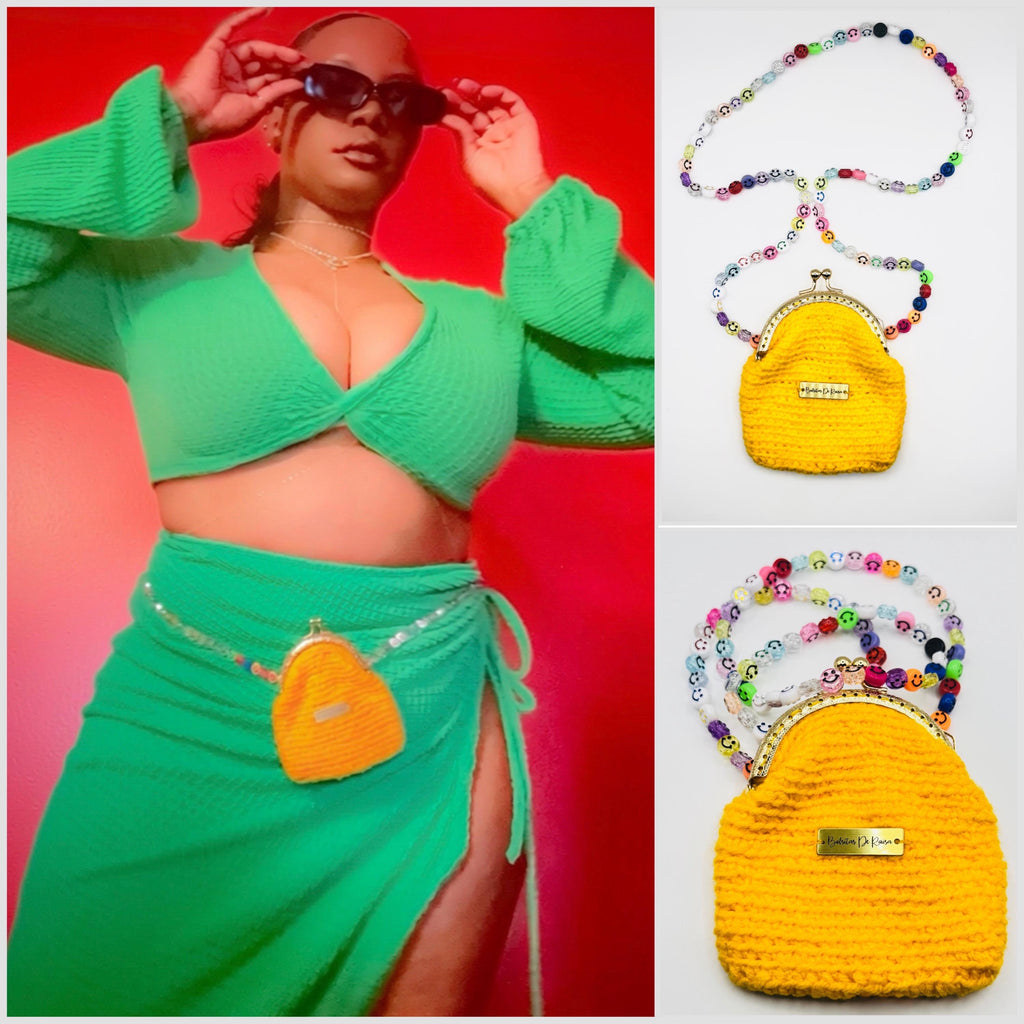 Yellow Crochet Coin Purse, Smiley Face Chain, Kiss Lock Mini Clutch, Festival Bag