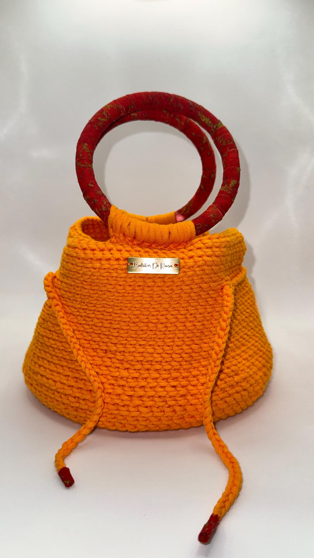 Orange Crochet Bucket Bag | Red Wrapped Handles, Fabric Lined, Drawstring Closure