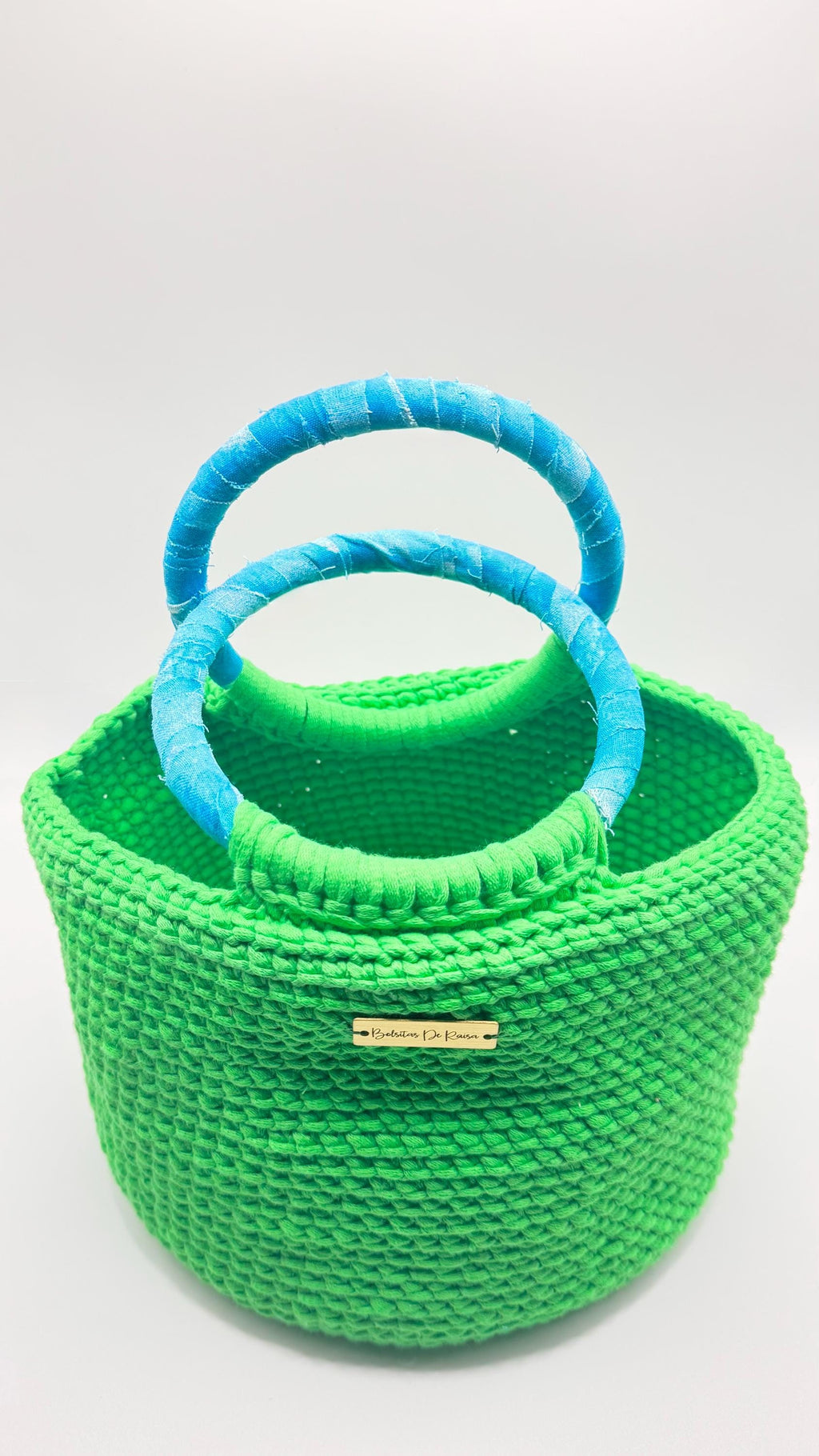 Green Crochet Handbag with Blue Wrapped Handles | Artisan Spring Tote Bag
