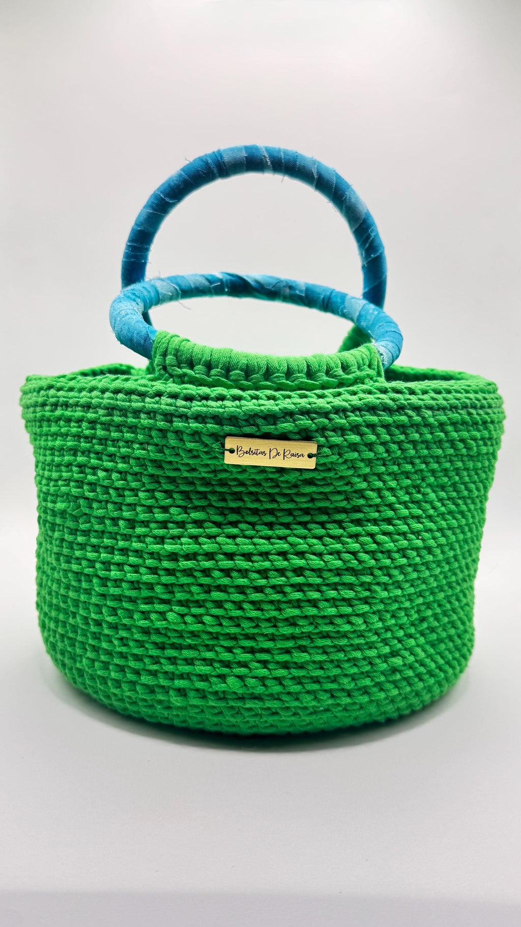 Green Crochet Handbag with Blue Wrapped Handles | Artisan Spring Tote Bag