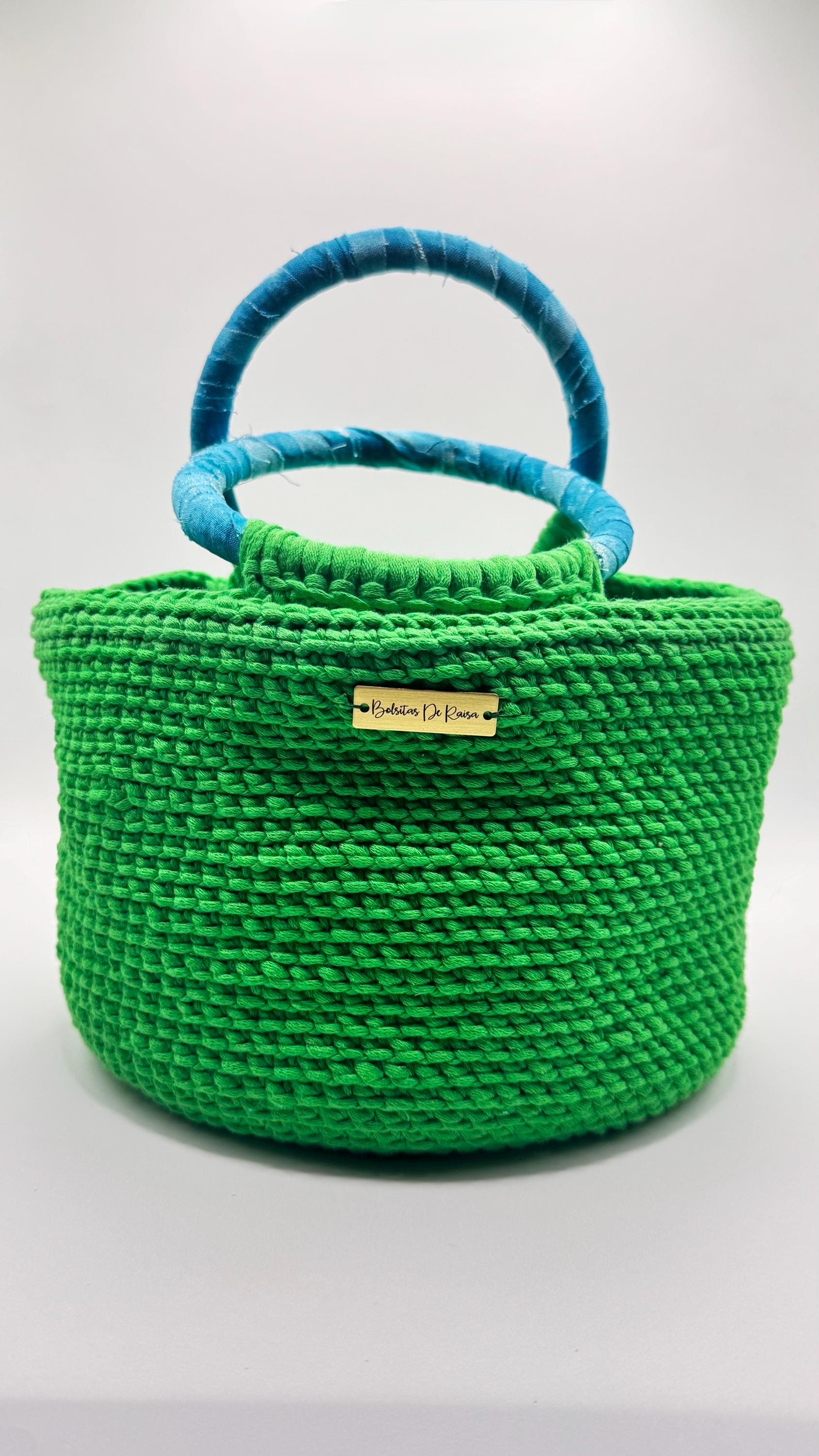 Green Crochet Handbag with Blue Wrapped Handles | Artisan Spring Tote Bag