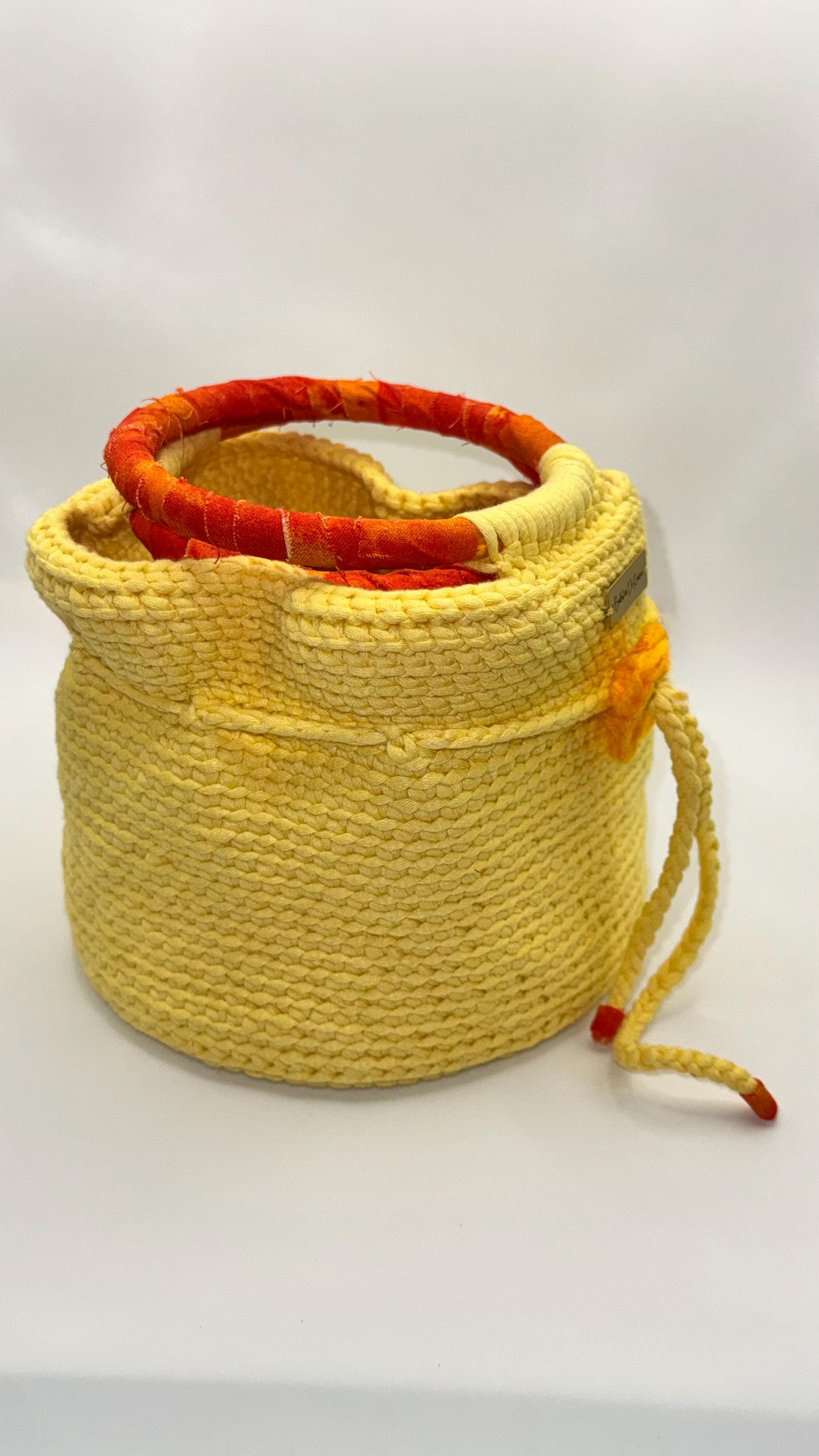 Yellow Crochet Bucket Bag | Wrapped Handles, Floral Detail, Spring Purse