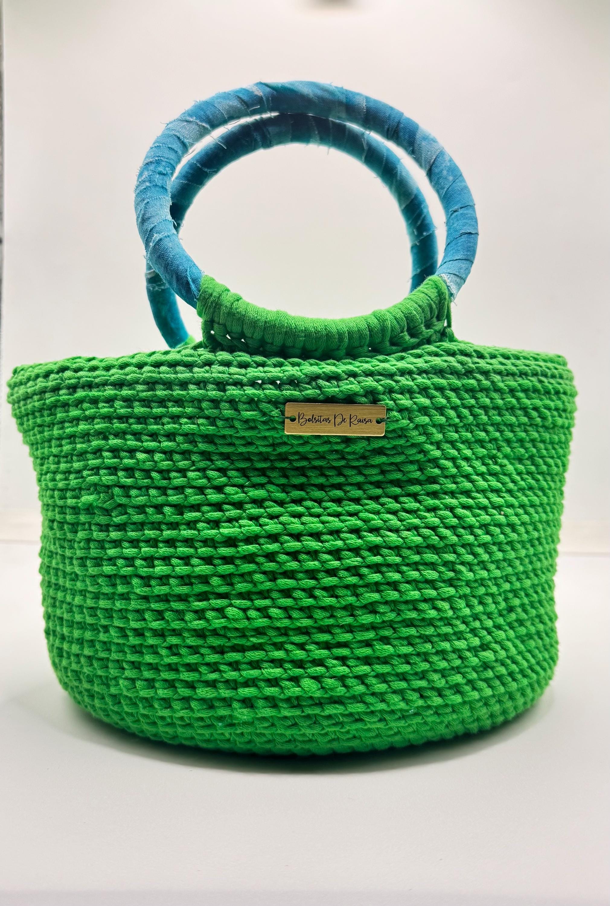 Green Crochet Handbag with Blue Wrapped Handles | Artisan Spring Tote Bag