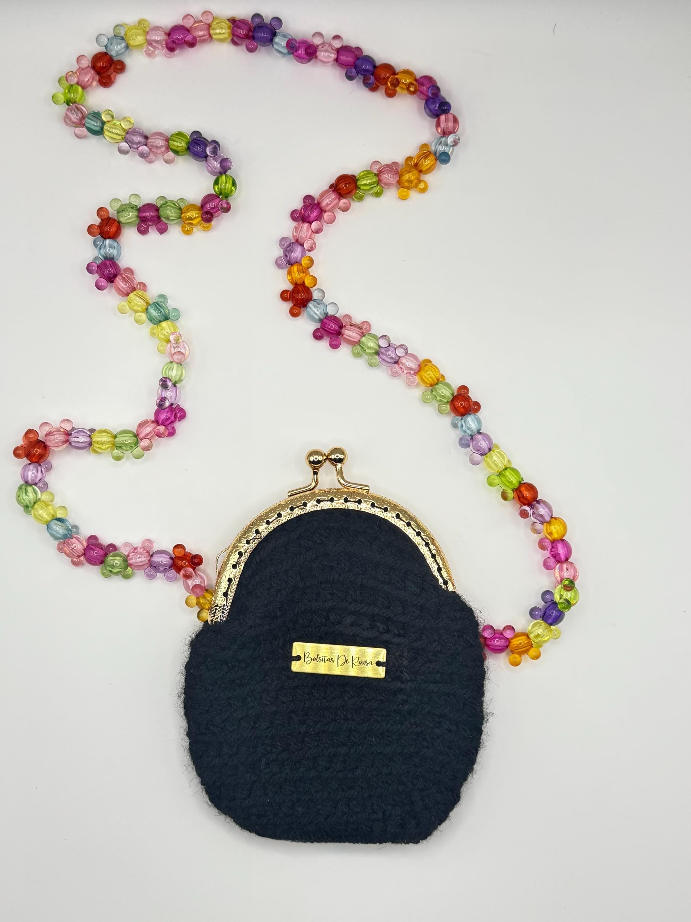 Black Crochet Coin Purse, Gold Kiss Lock, Mouse Ear Beaded Chain, Mini Bag