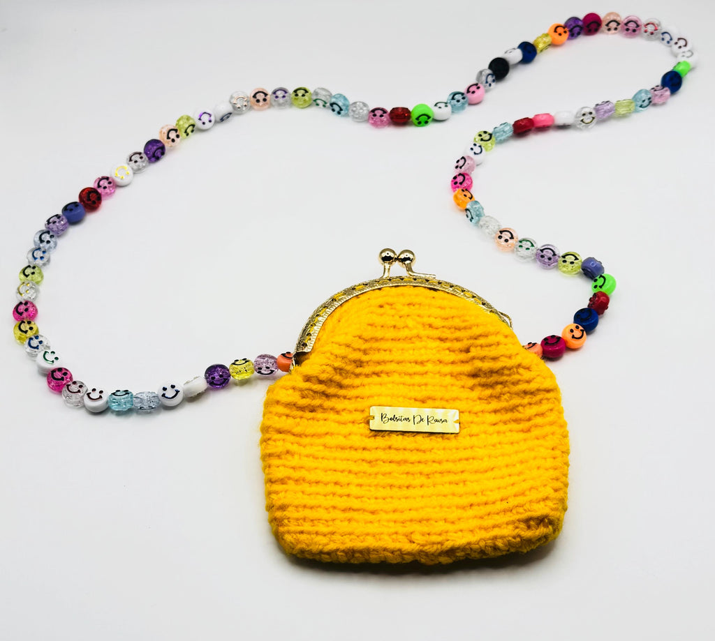 Yellow Crochet Coin Purse, Smiley Face Chain, Kiss Lock Mini Clutch, Festival Bag