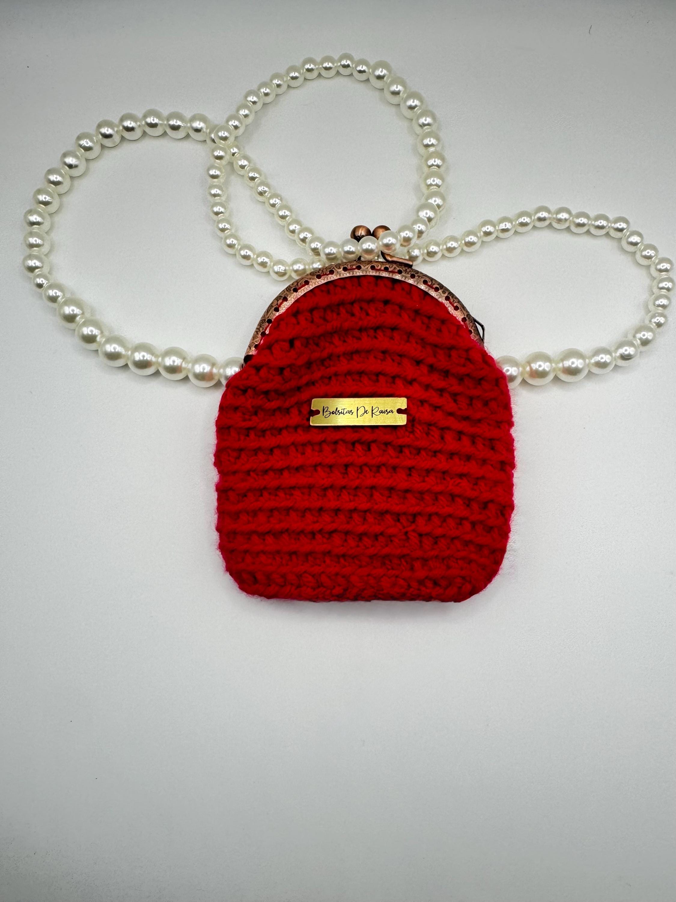 Red Crochet Coin Purse, Pearl Chain Mini Clutch, Vintage Style Evening Bag
