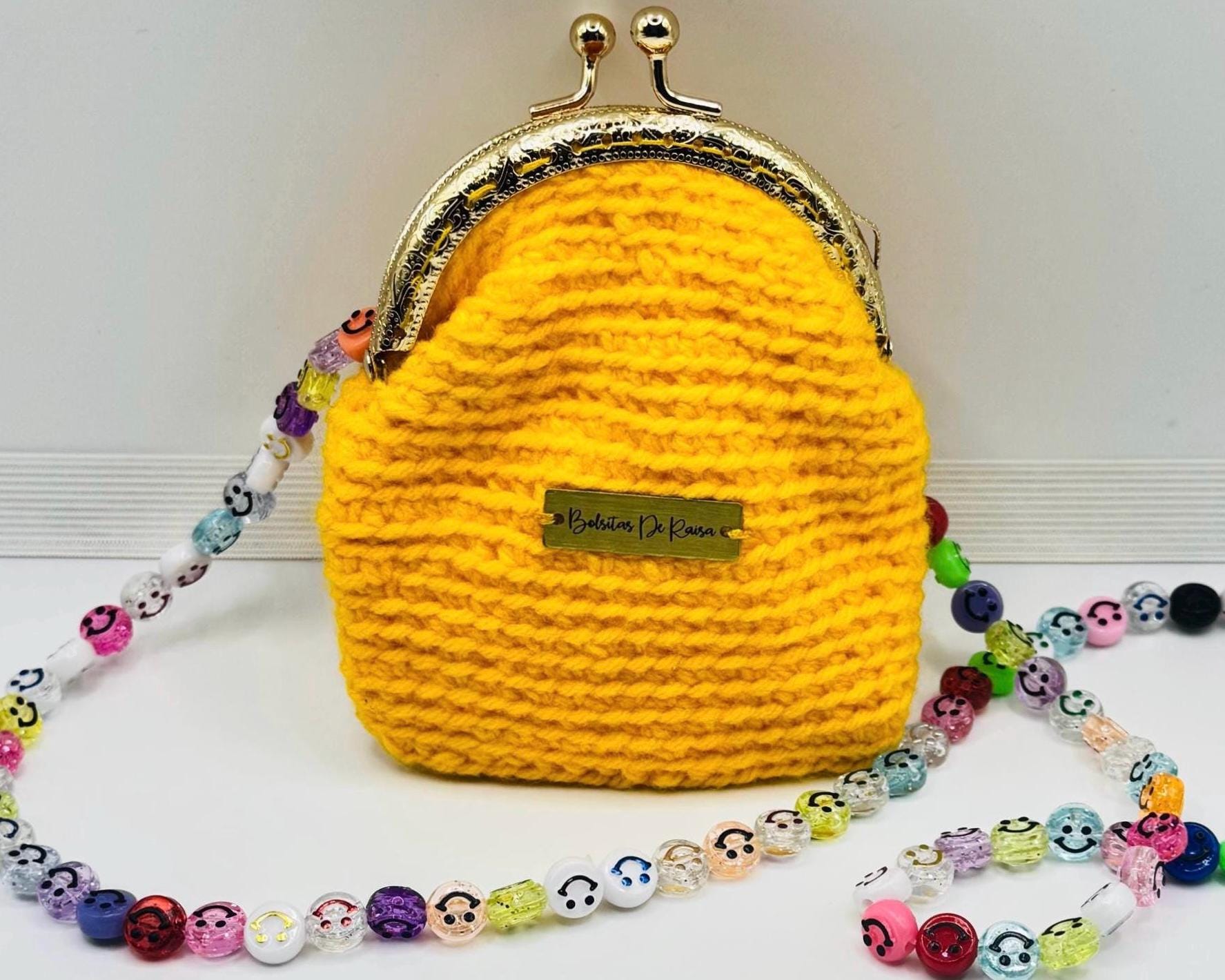 Yellow Crochet Coin Purse, Smiley Face Chain, Kiss Lock Mini Clutch, Festival Bag