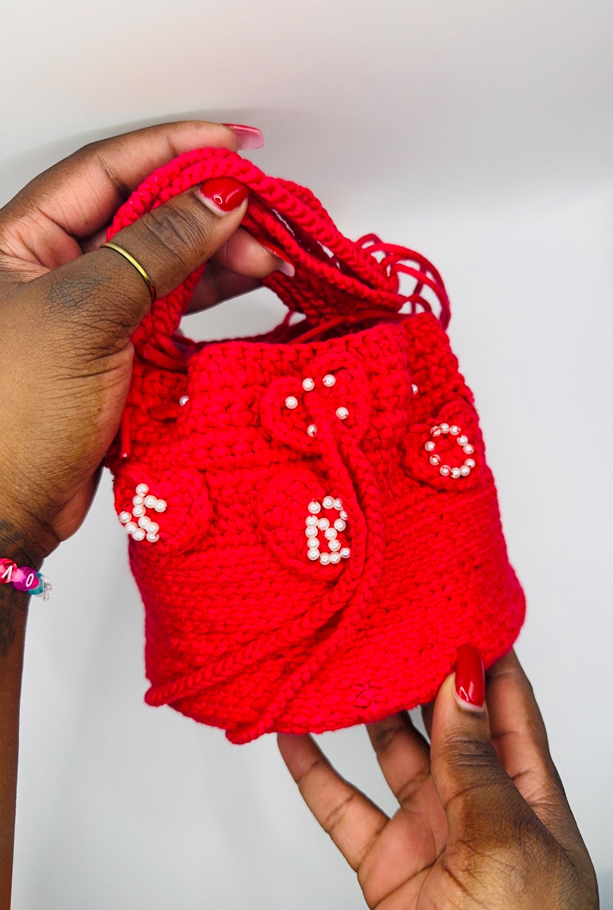 Red Crochet Bucket Bag – Handmade Pearl Hearts Statement Purse