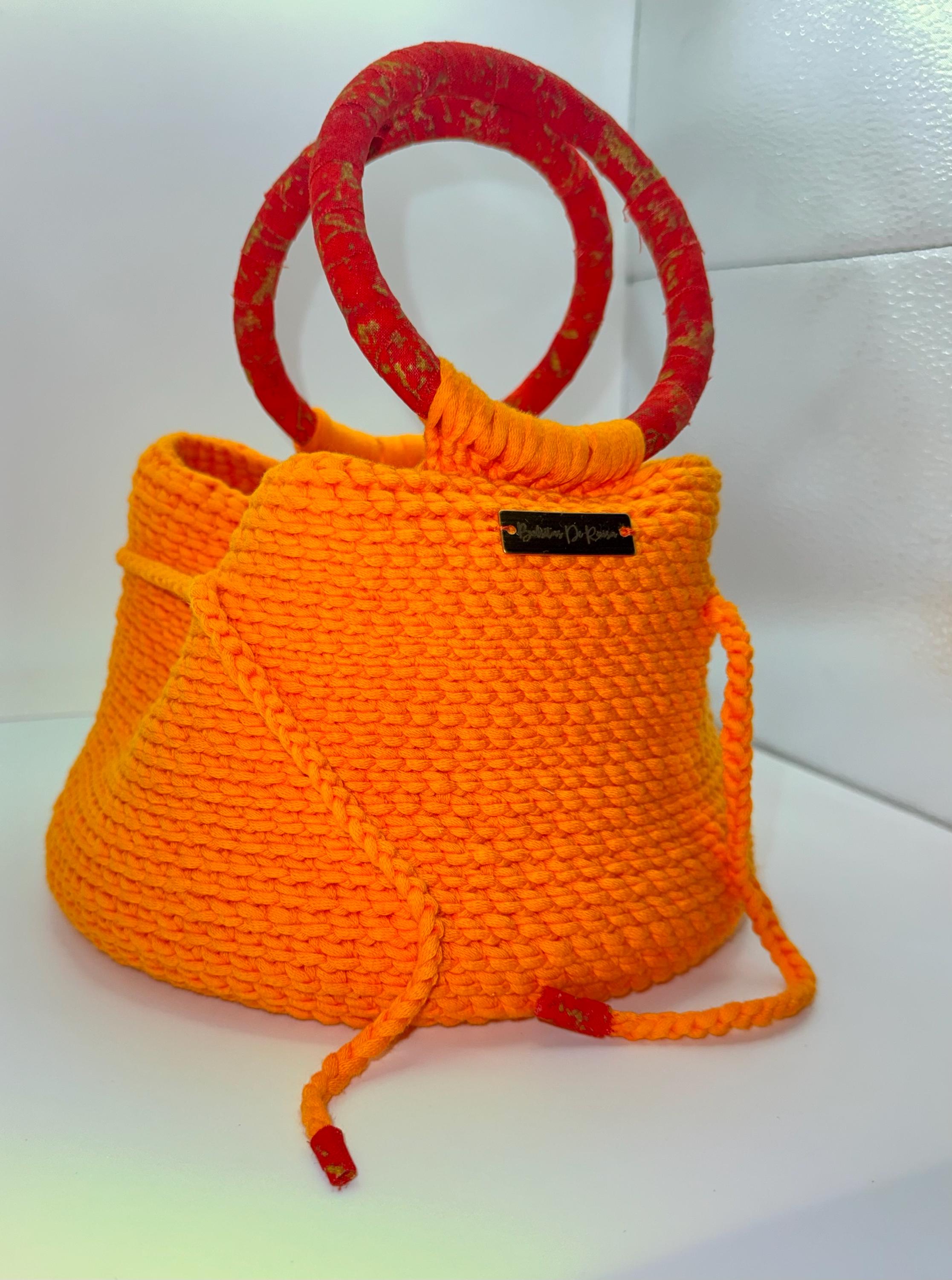 Orange Crochet Bucket Bag | Red Wrapped Handles, Fabric Lined, Drawstring Closure