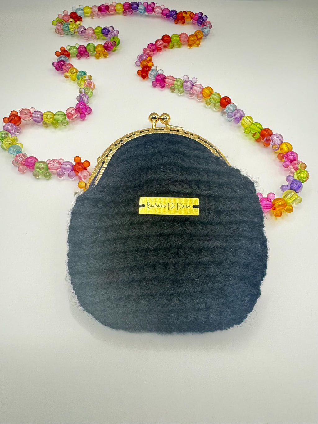 Black Crochet Coin Purse, Gold Kiss Lock, Mouse Ear Beaded Chain, Mini Bag
