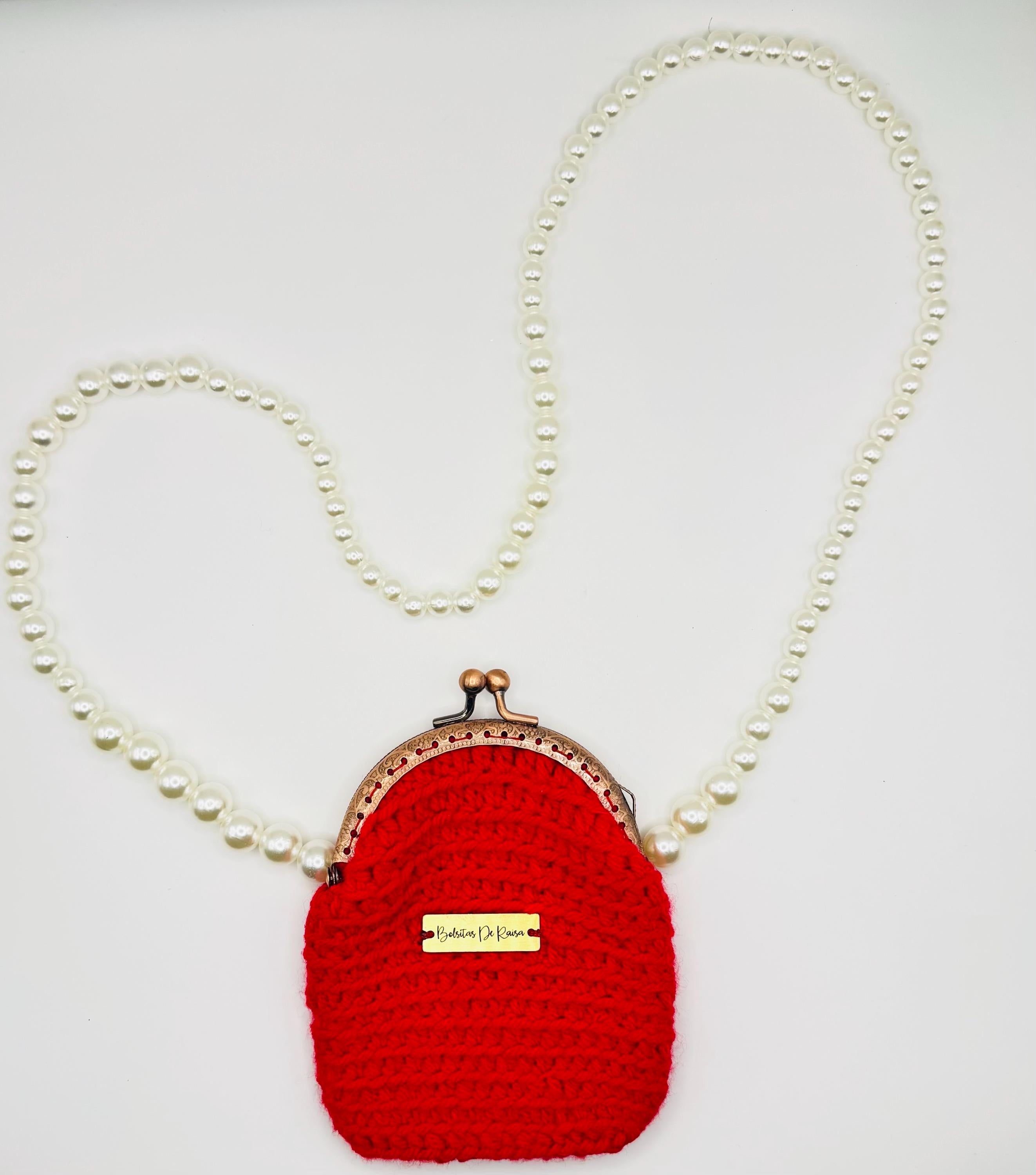 Red Crochet Coin Purse, Pearl Chain Mini Clutch, Vintage Style Evening Bag