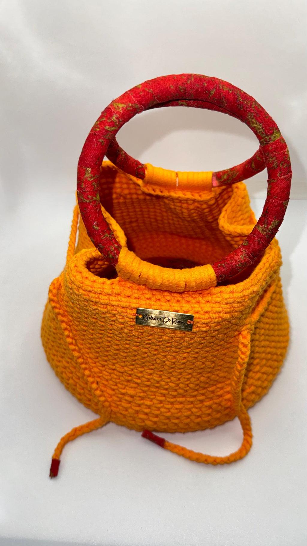 Orange Crochet Bucket Bag | Red Wrapped Handles, Fabric Lined, Drawstring Closure