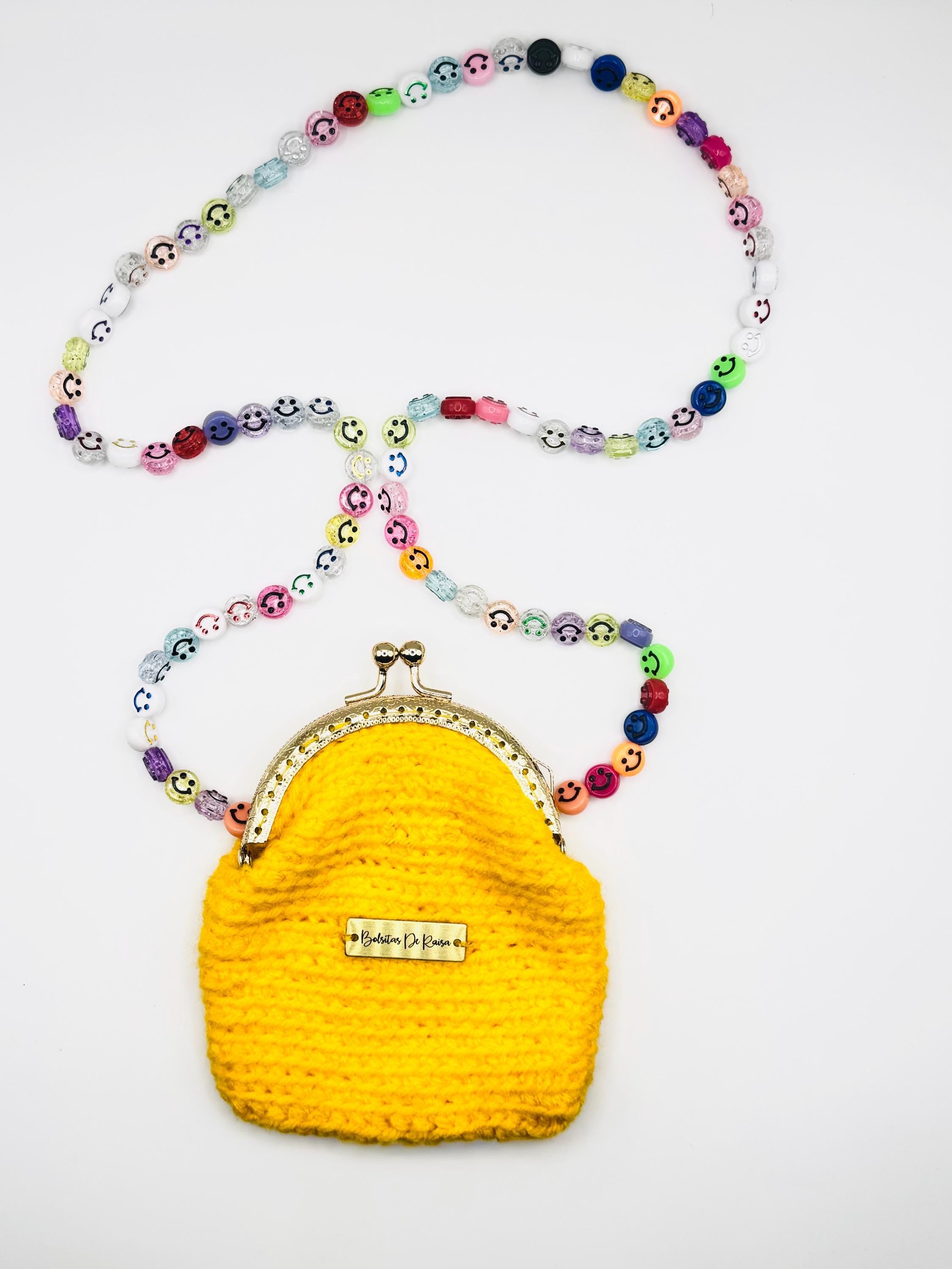 Yellow Crochet Coin Purse, Smiley Face Chain, Kiss Lock Mini Clutch, Festival Bag