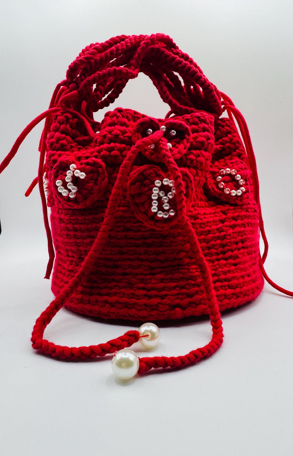 Red Crochet Bucket Bag – Handmade Pearl Hearts Statement Purse
