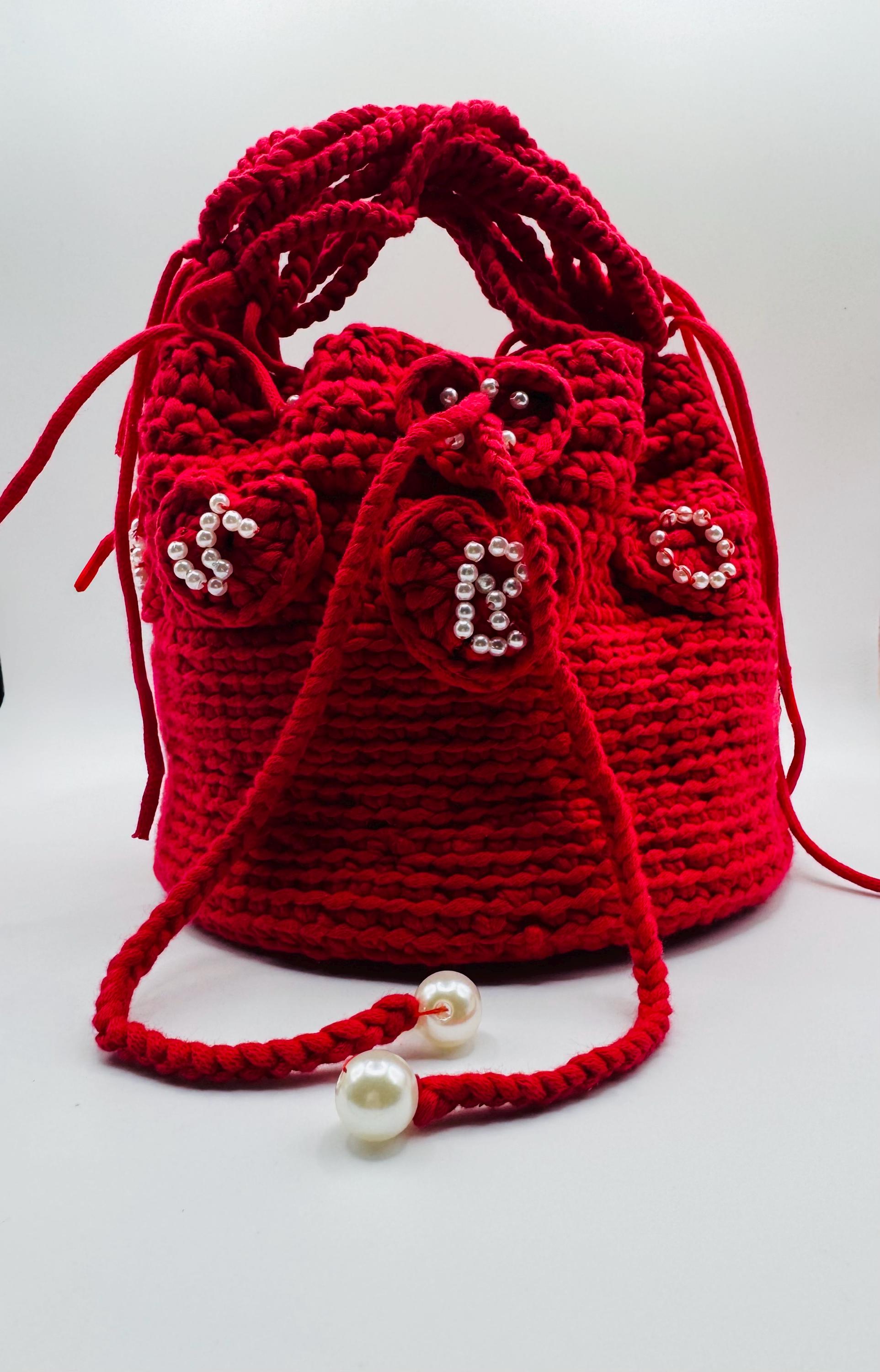 Red Crochet Bucket Bag – Handmade Pearl Hearts Statement Purse
