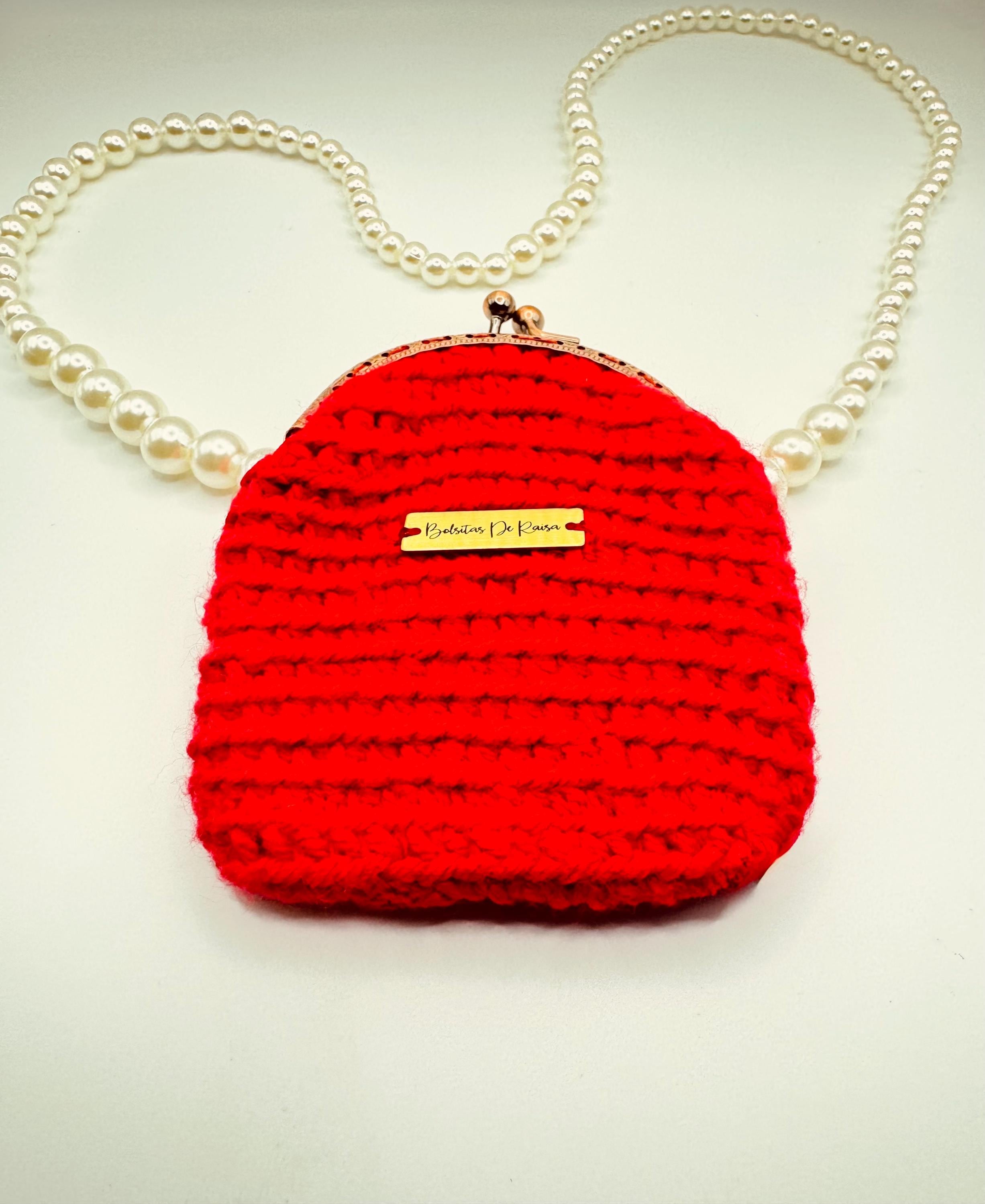 Red Crochet Coin Purse, Pearl Chain Mini Clutch, Vintage Style Evening Bag