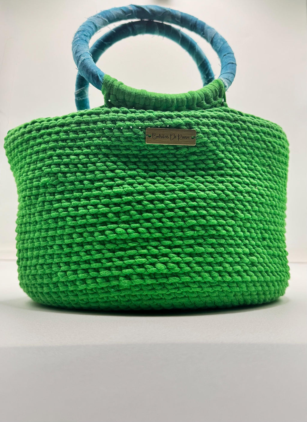 Green Crochet Handbag with Blue Wrapped Handles | Artisan Spring Tote Bag