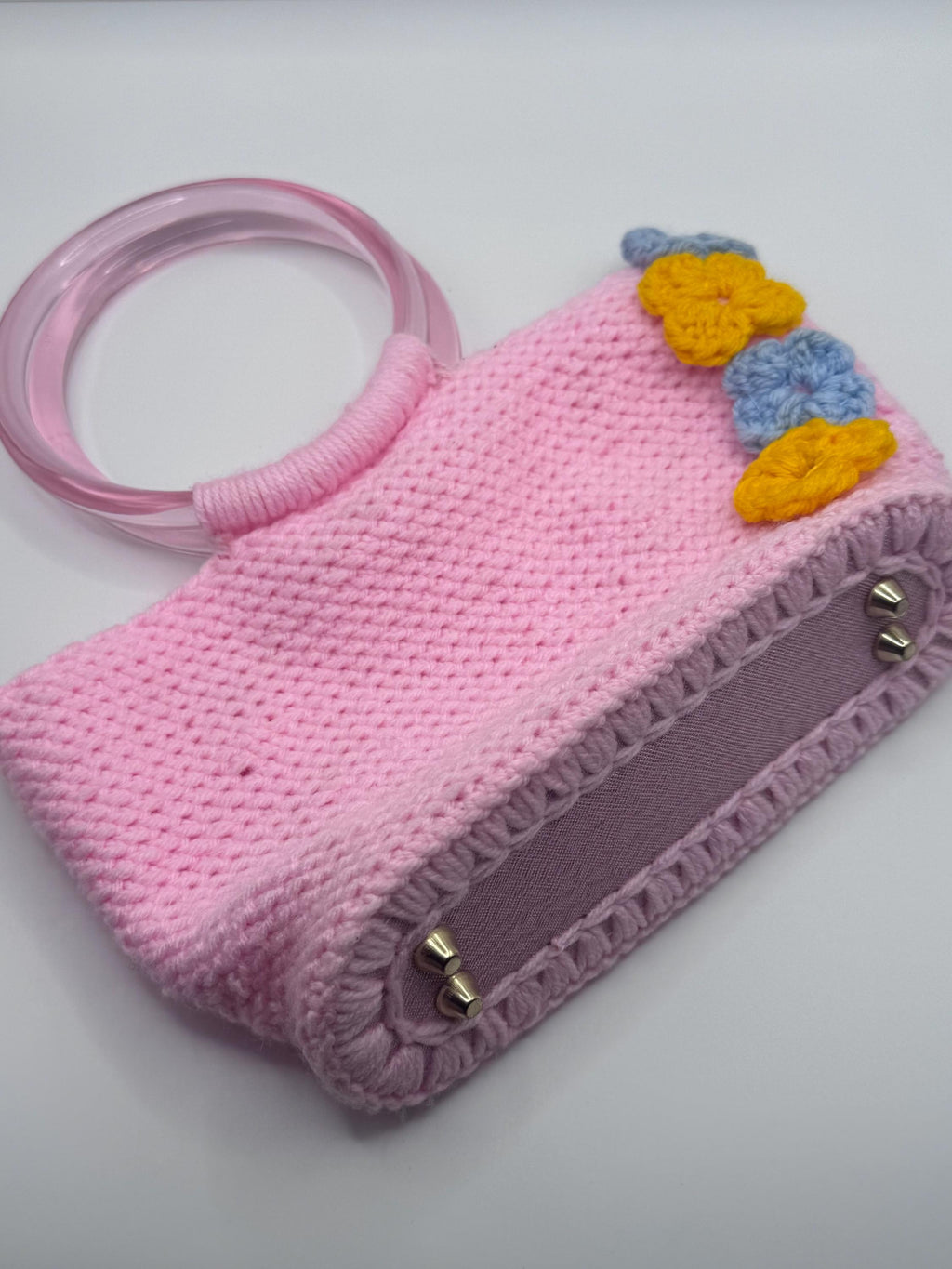 The Rosé — Minimalist Crochet Ring Handle Handbag with Subtle Floral Detail
