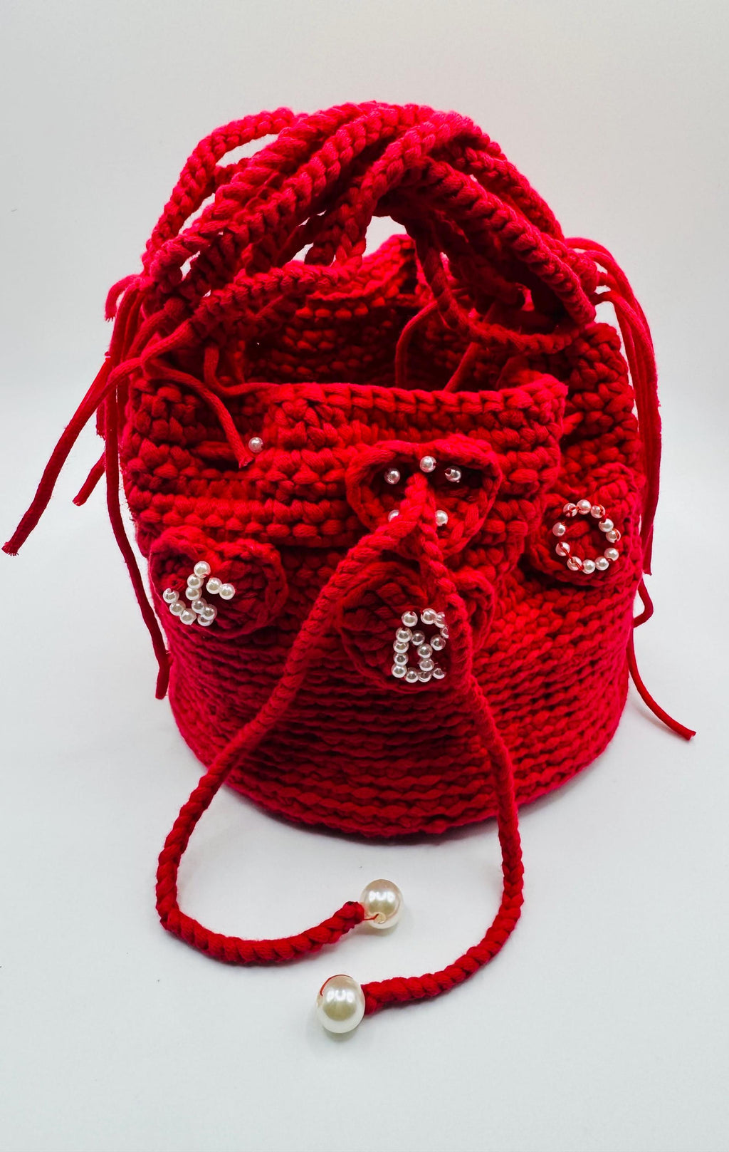 Red Crochet Bucket Bag – Handmade Pearl Hearts Statement Purse