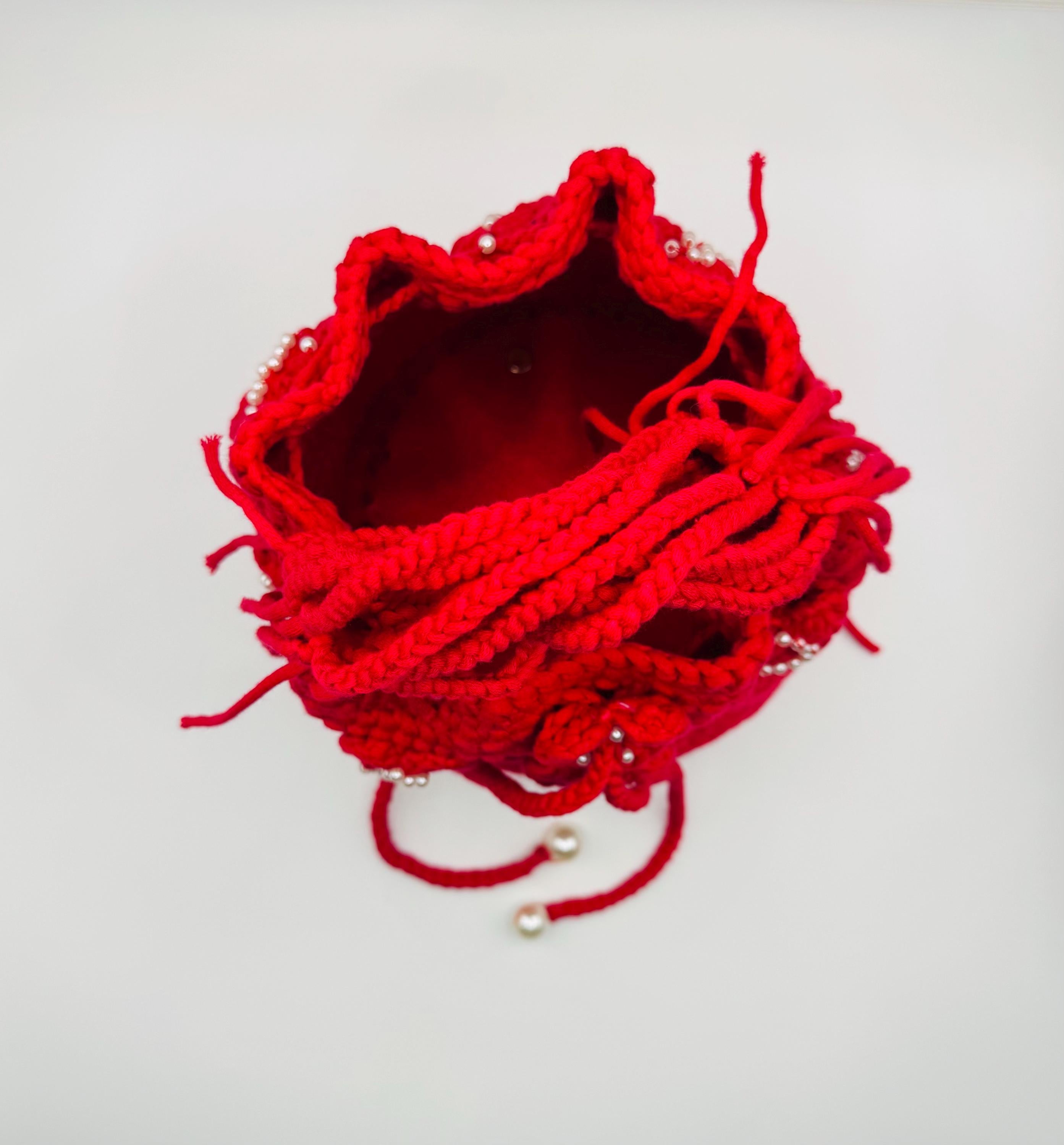 Red Crochet Bucket Bag – Handmade Pearl Hearts Statement Purse