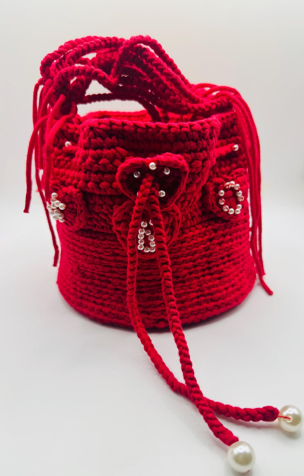 Red Crochet Bucket Bag – Handmade Pearl Hearts Statement Purse