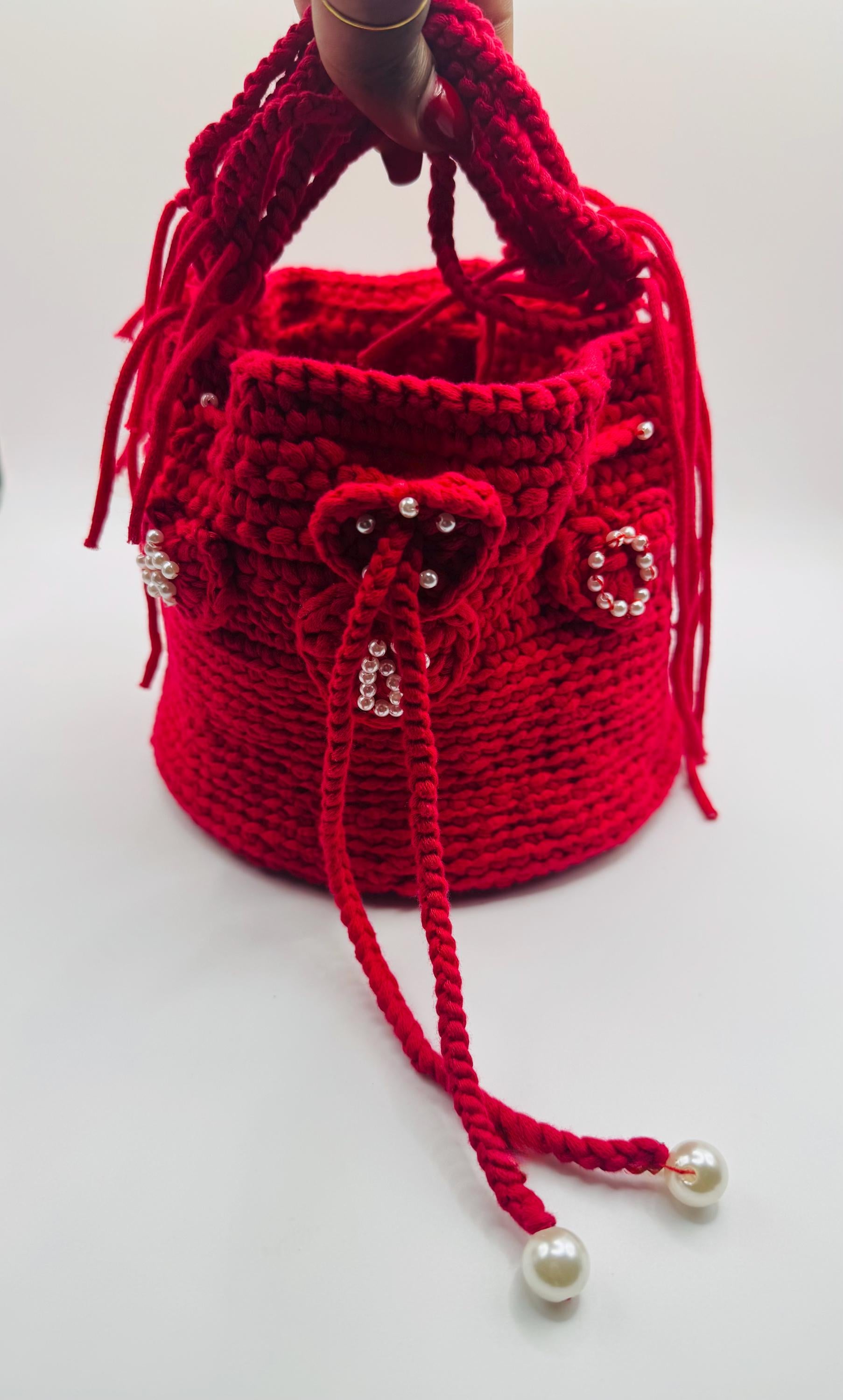 Red Crochet Bucket Bag – Handmade Pearl Hearts Statement Purse