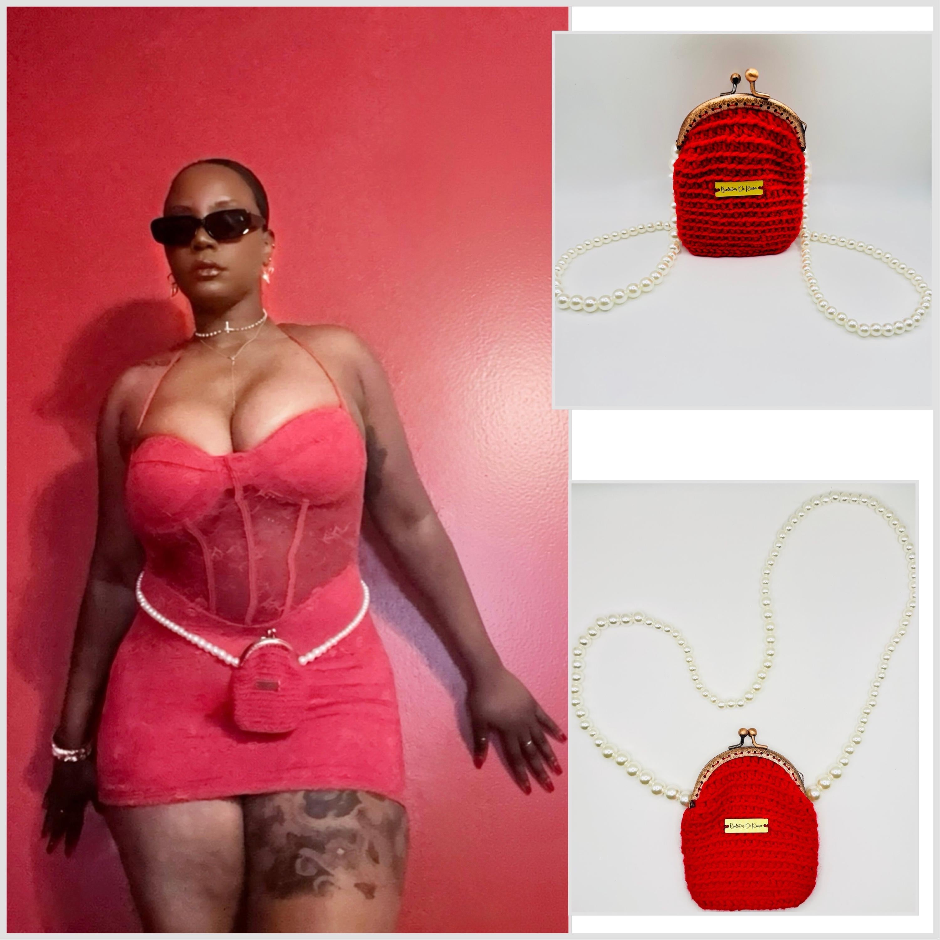 Red Crochet Coin Purse, Pearl Chain Mini Clutch, Vintage Style Evening Bag