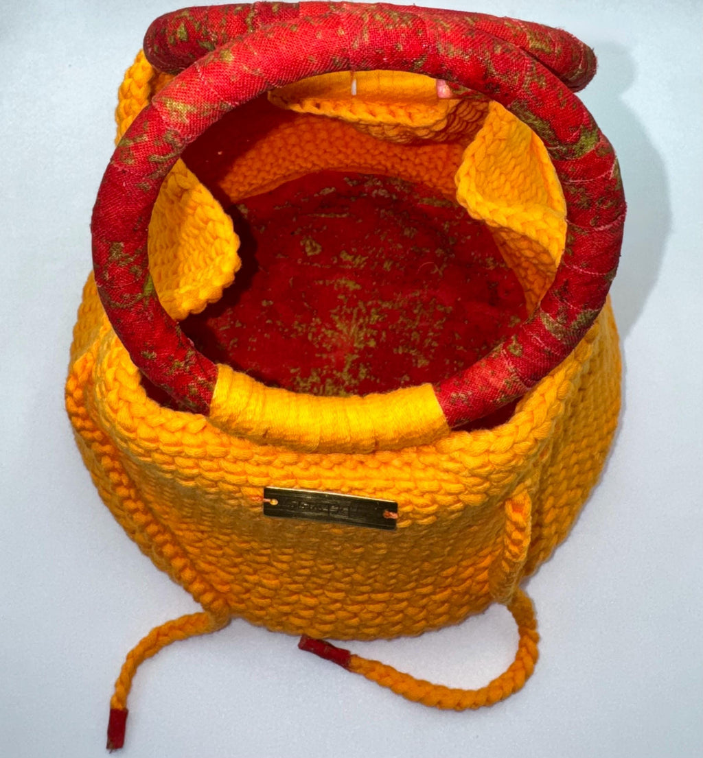 Orange Crochet Bucket Bag | Red Wrapped Handles, Fabric Lined, Drawstring Closure
