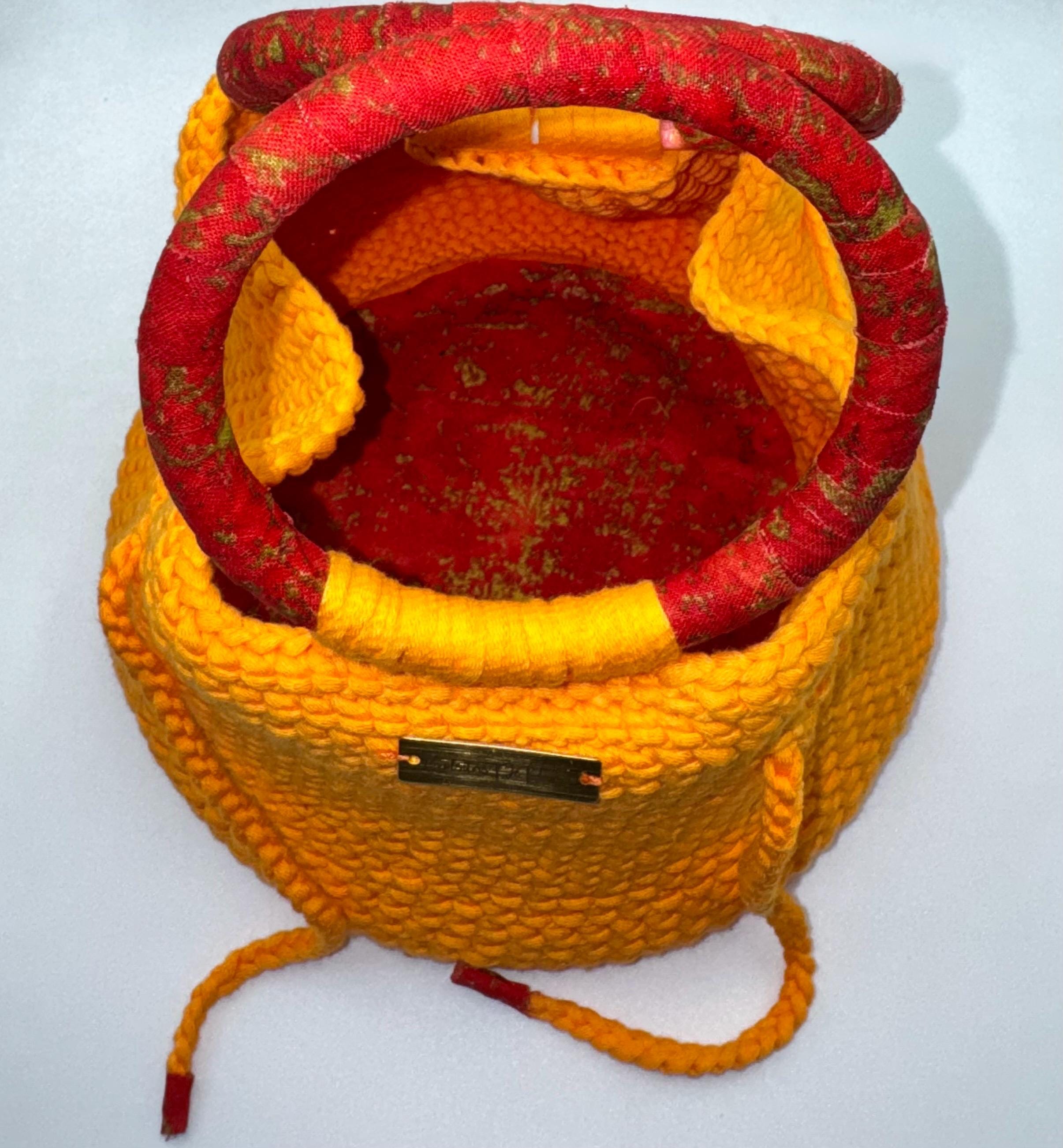 Orange Crochet Bucket Bag | Red Wrapped Handles, Fabric Lined, Drawstring Closure