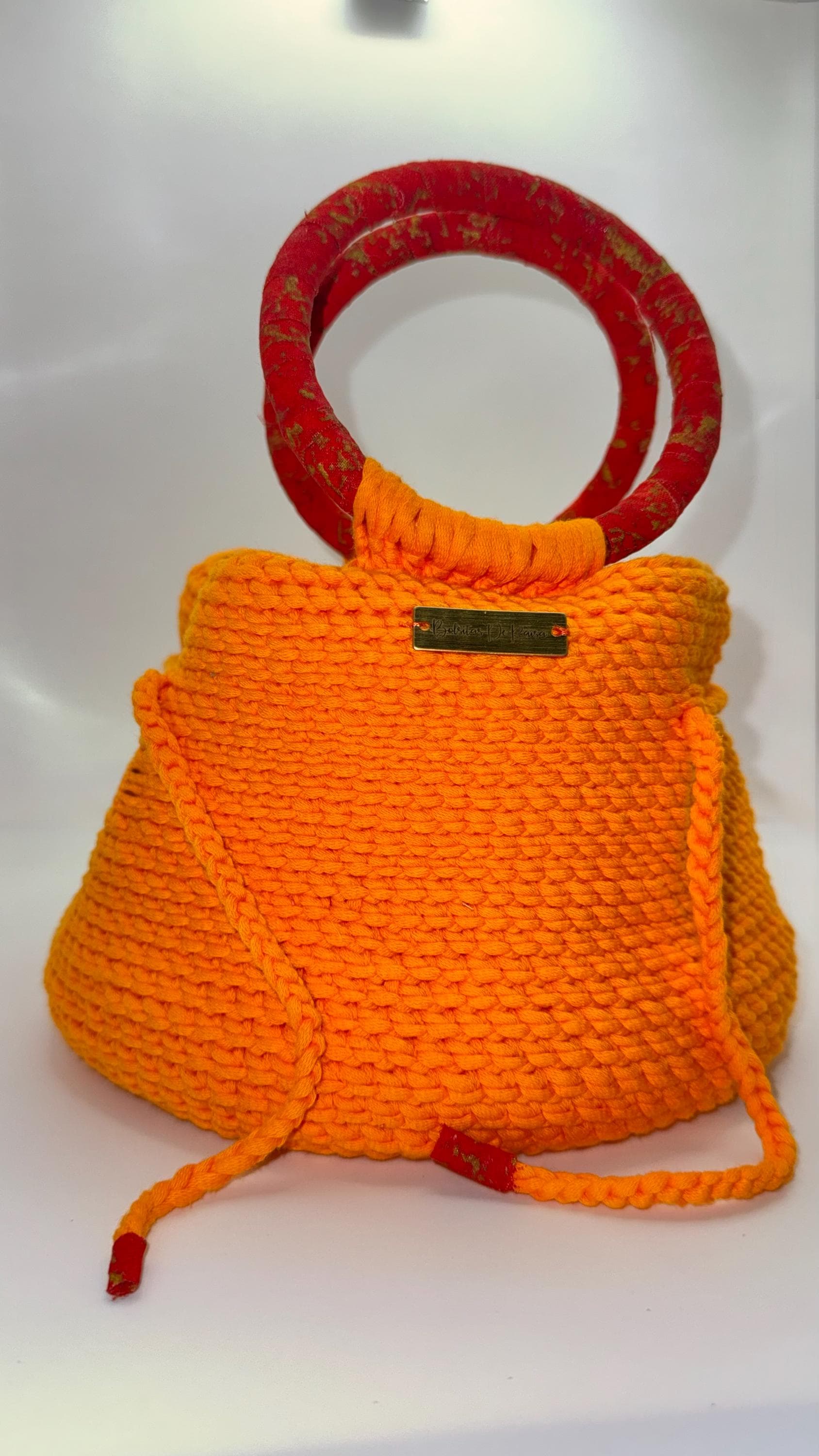 Orange Crochet Bucket Bag | Red Wrapped Handles, Fabric Lined, Drawstring Closure