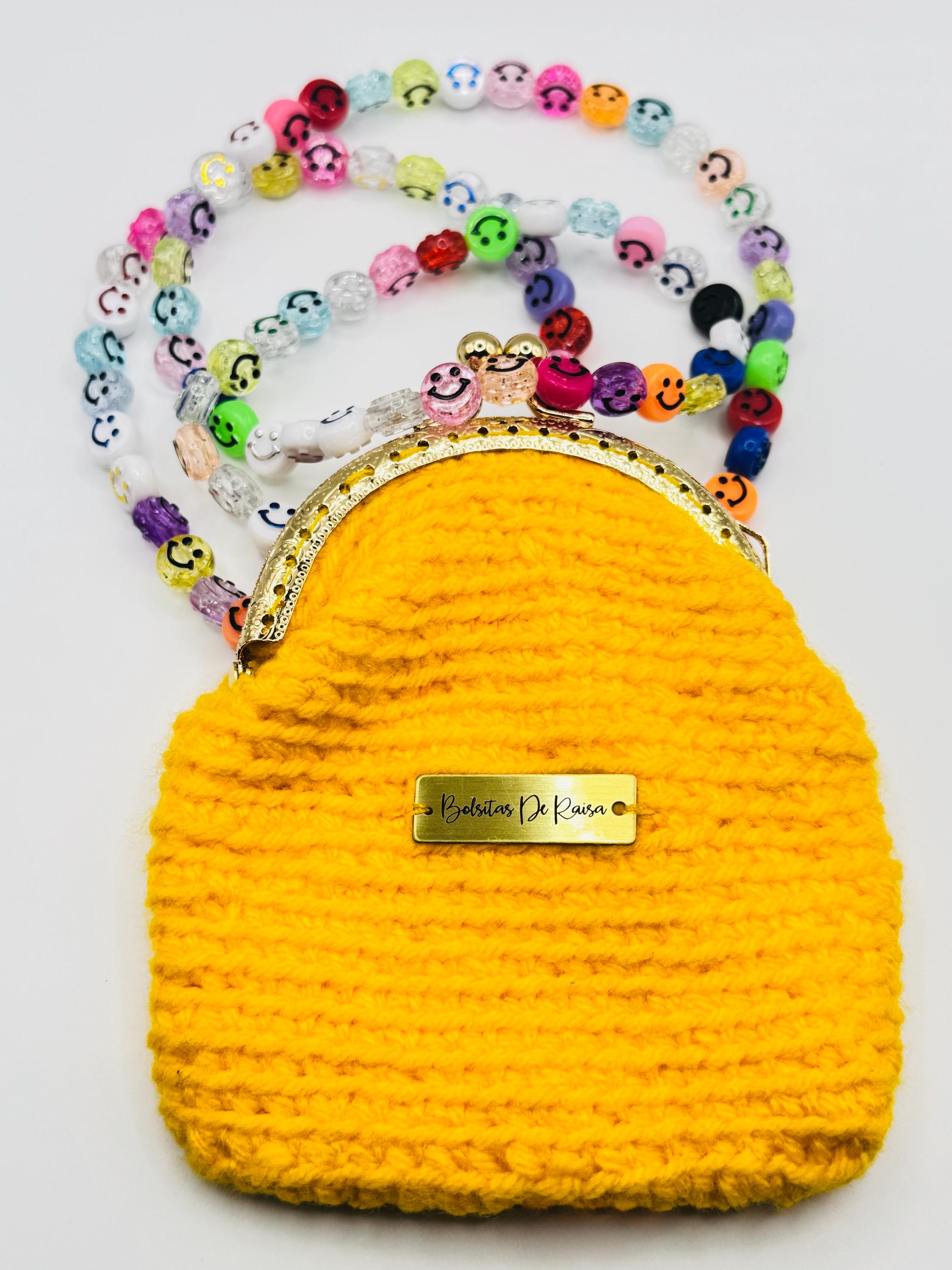 Yellow Crochet Coin Purse, Smiley Face Chain, Kiss Lock Mini Clutch, Festival Bag