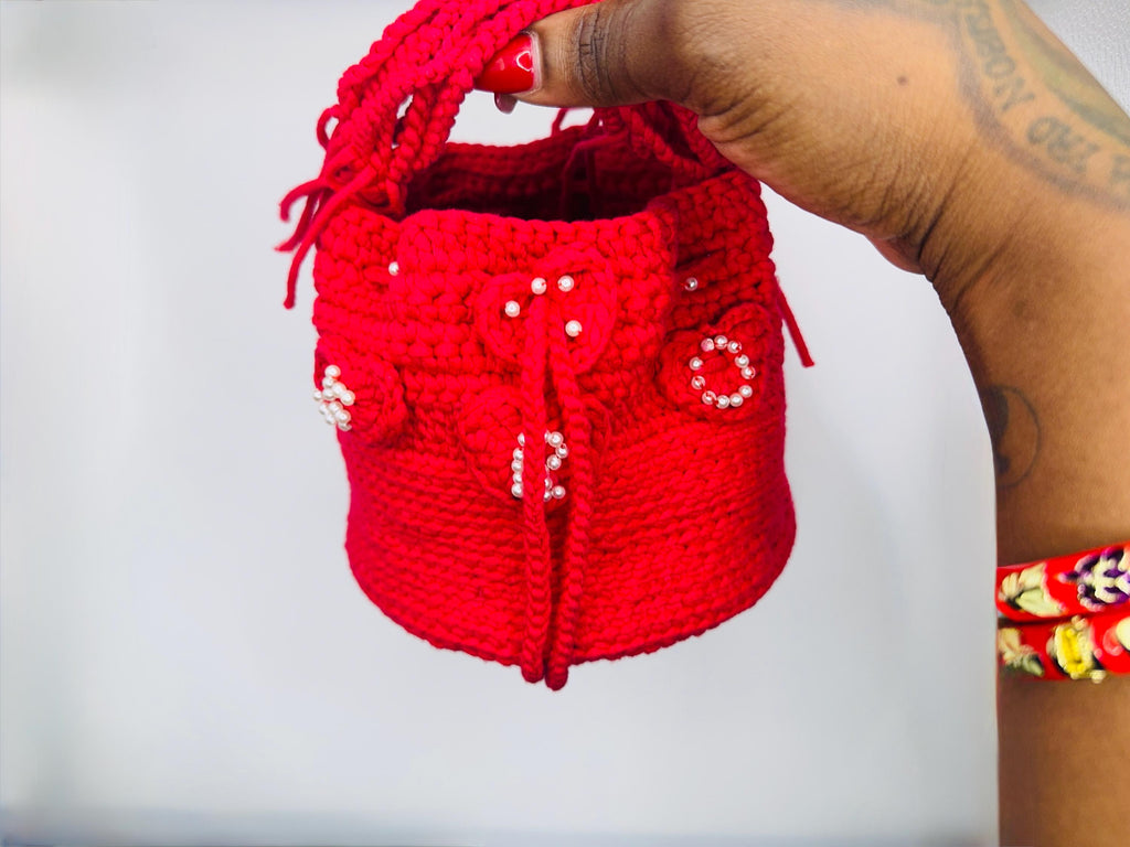 Red Crochet Bucket Bag – Handmade Pearl Hearts Statement Purse
