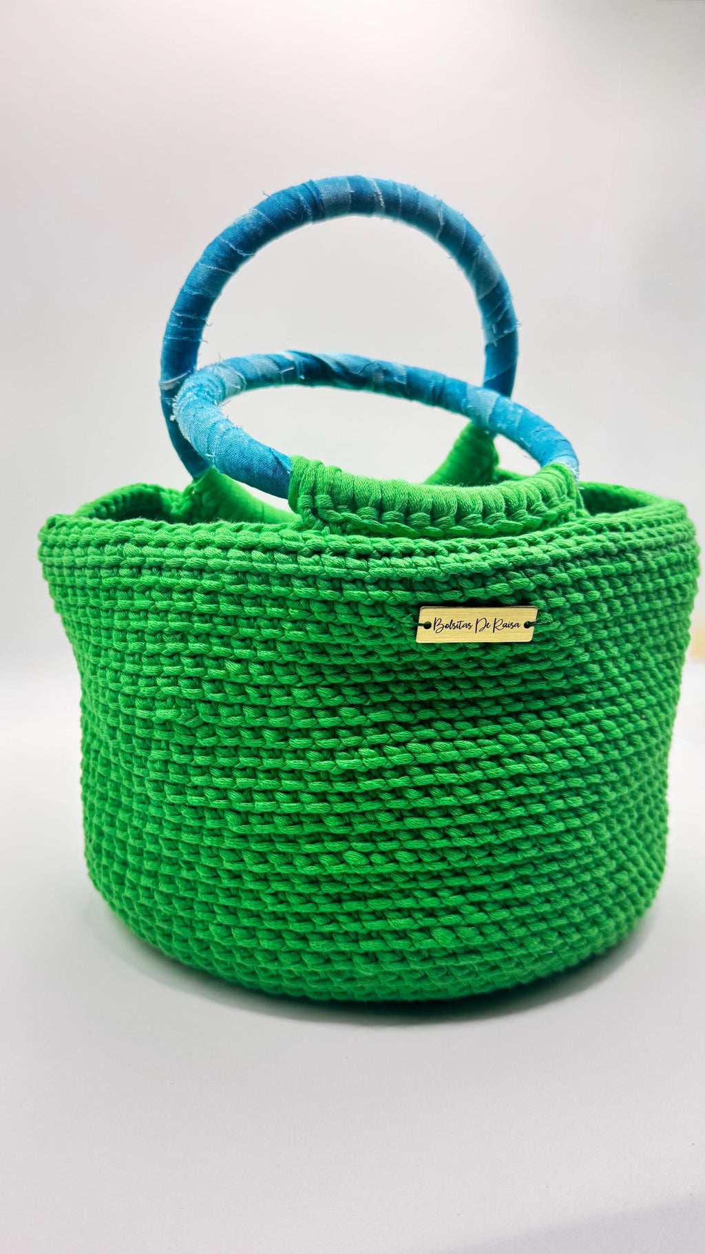 Green Crochet Handbag with Blue Wrapped Handles | Artisan Spring Tote Bag