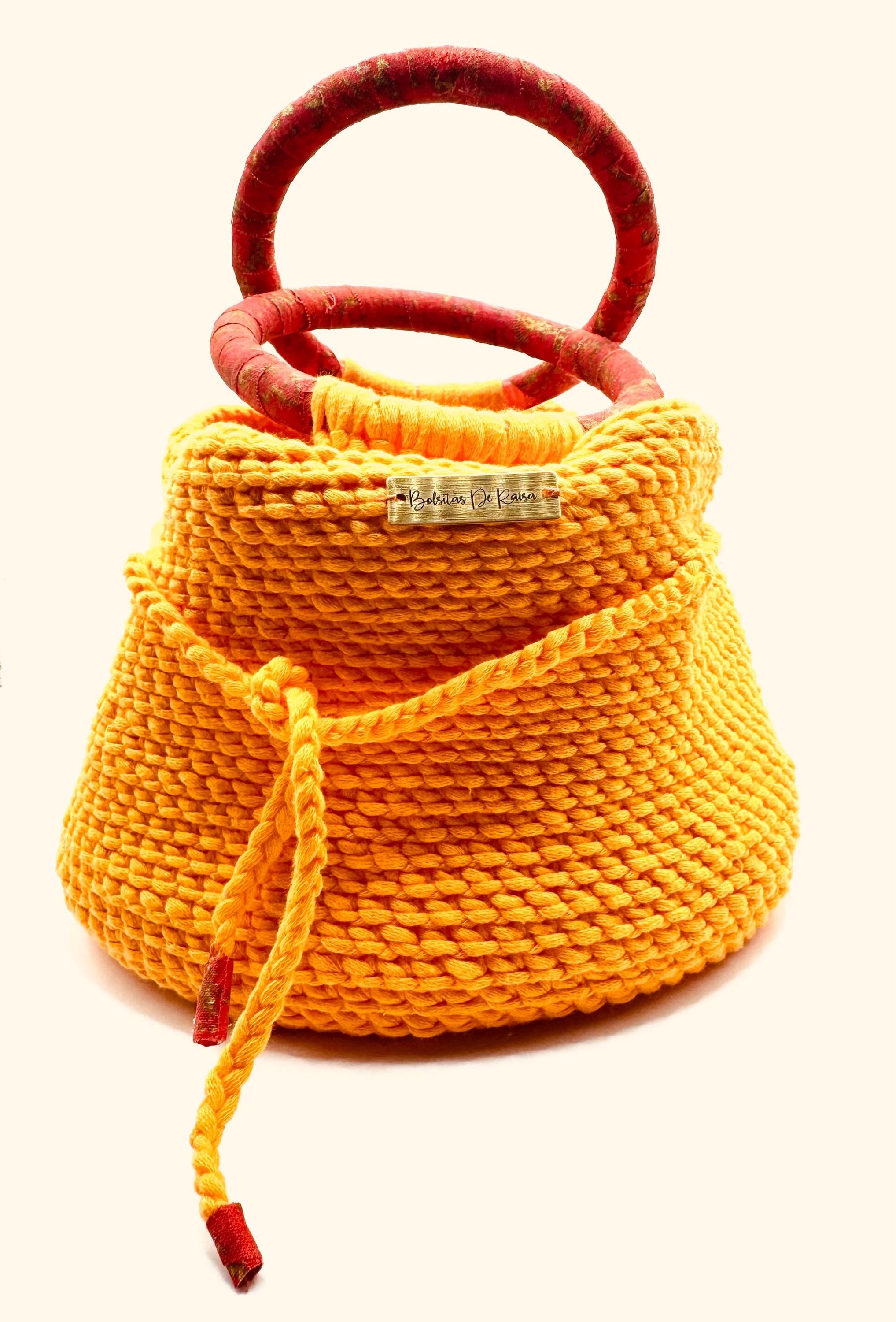 Orange Crochet Bucket Bag | Red Wrapped Handles, Fabric Lined, Drawstring Closure