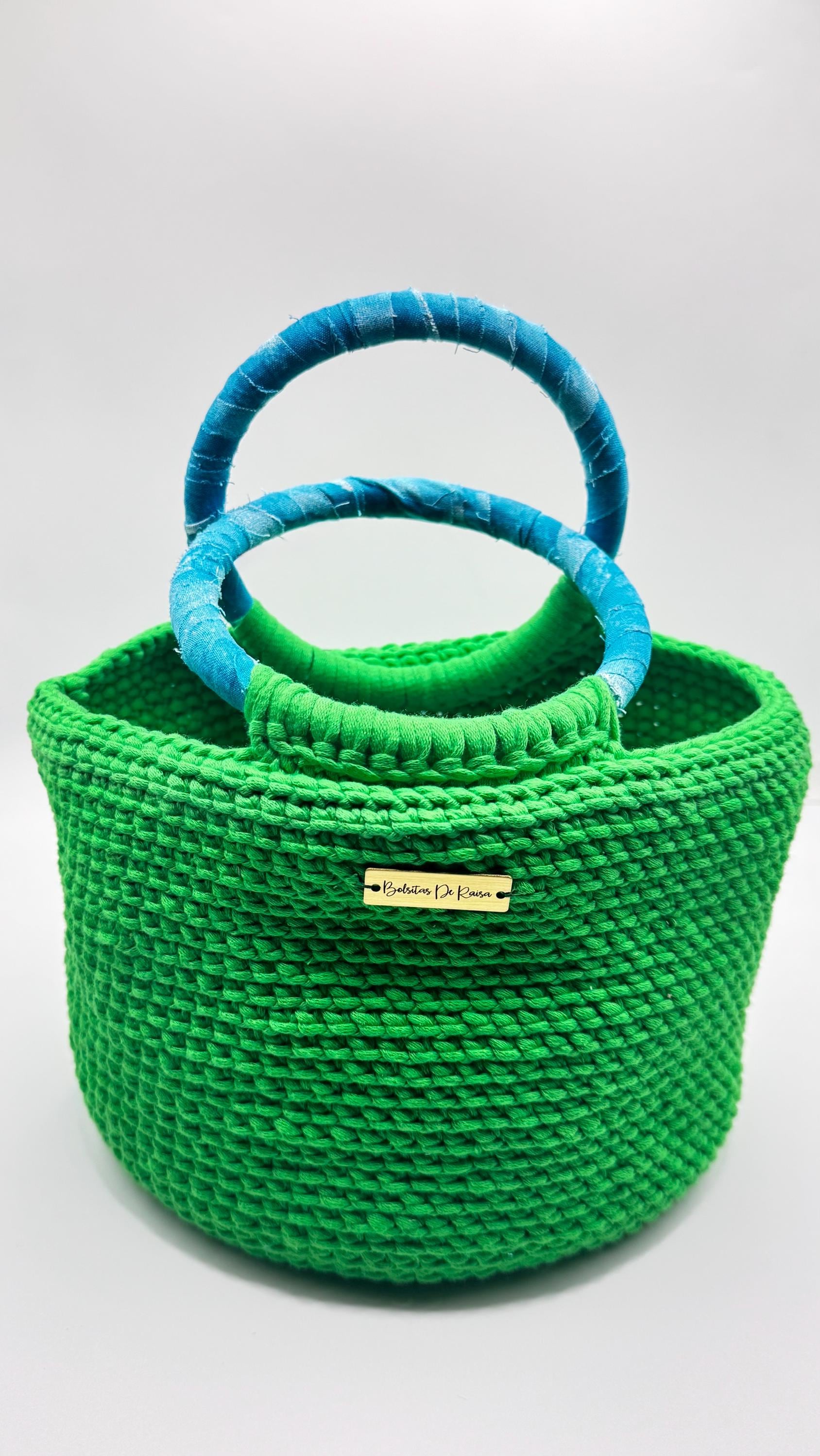 Green Crochet Handbag with Blue Wrapped Handles | Artisan Spring Tote Bag