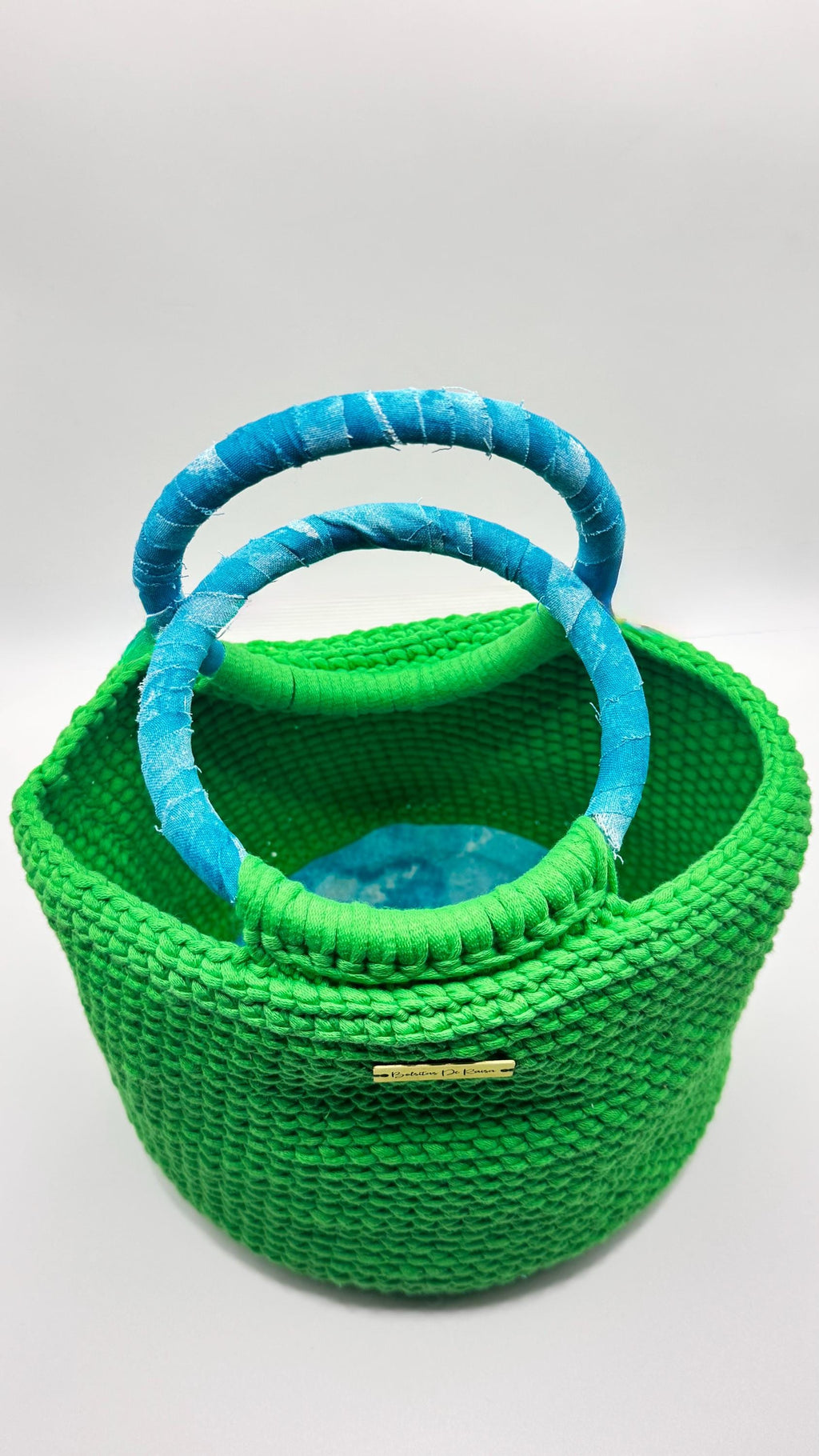 Green Crochet Handbag with Blue Wrapped Handles | Artisan Spring Tote Bag