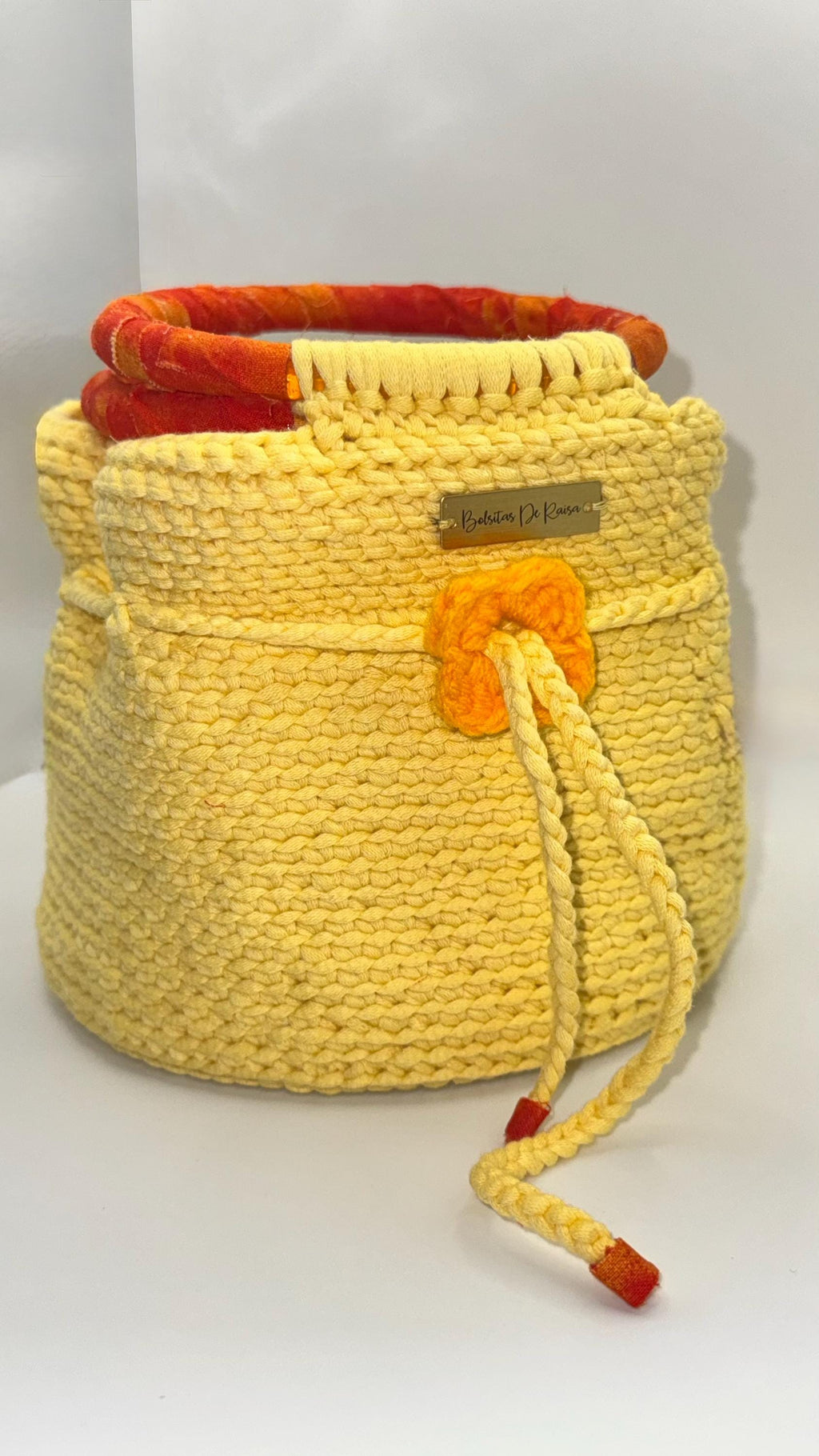 Yellow Crochet Bucket Bag | Wrapped Handles, Floral Detail, Spring Purse