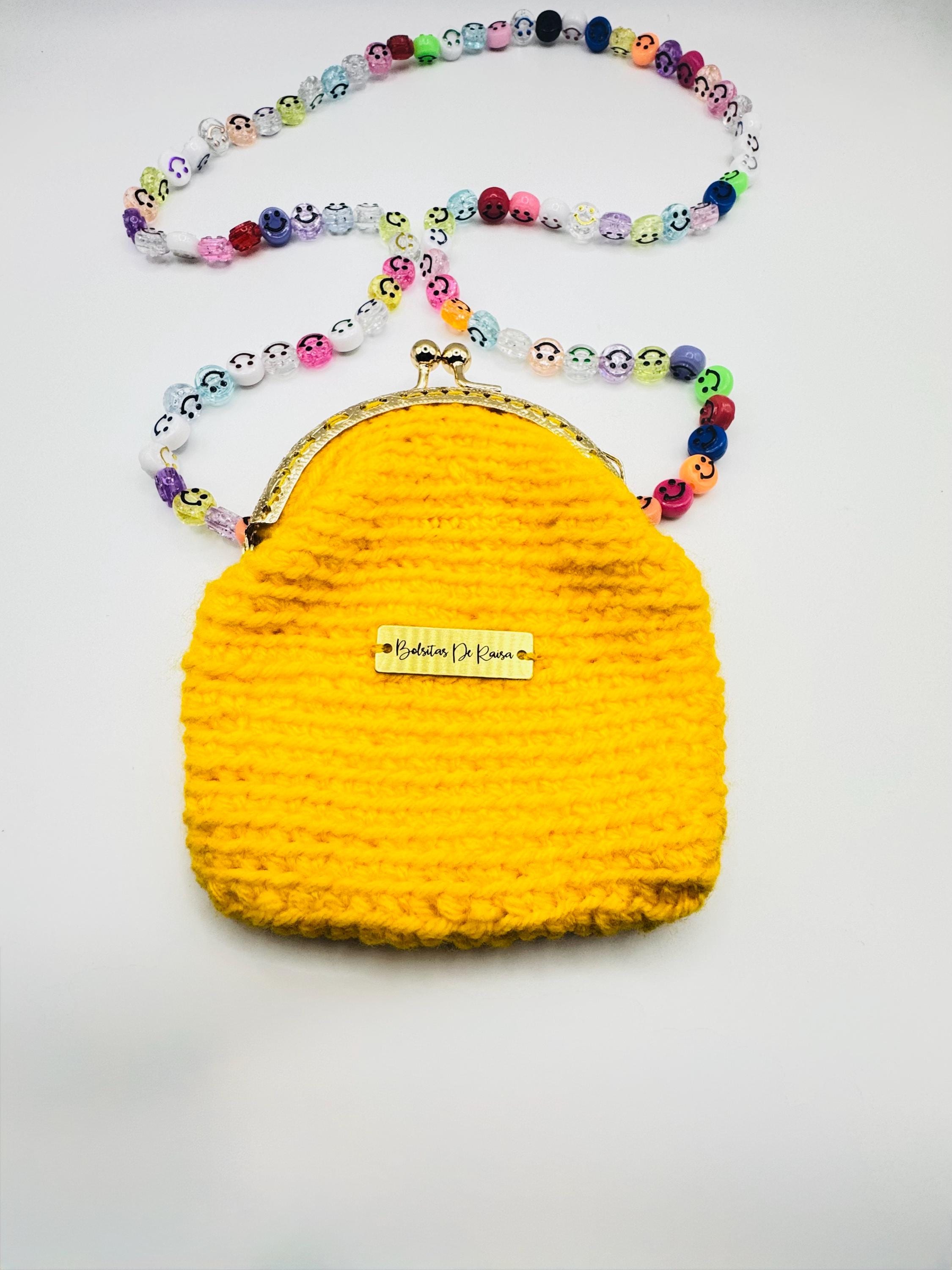 Yellow Crochet Coin Purse, Smiley Face Chain, Kiss Lock Mini Clutch, Festival Bag