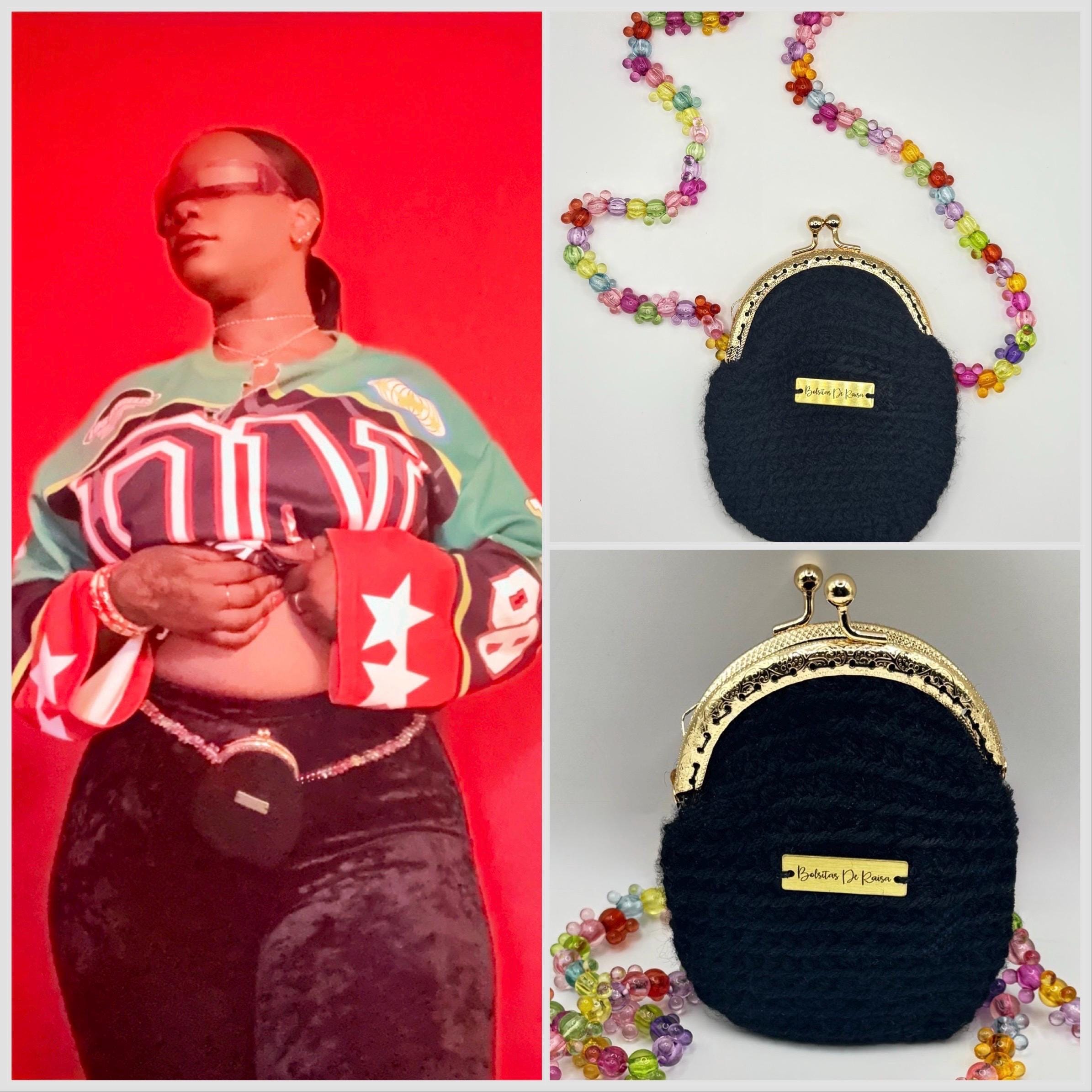 Black Crochet Coin Purse, Gold Kiss Lock, Mouse Ear Beaded Chain, Mini Bag