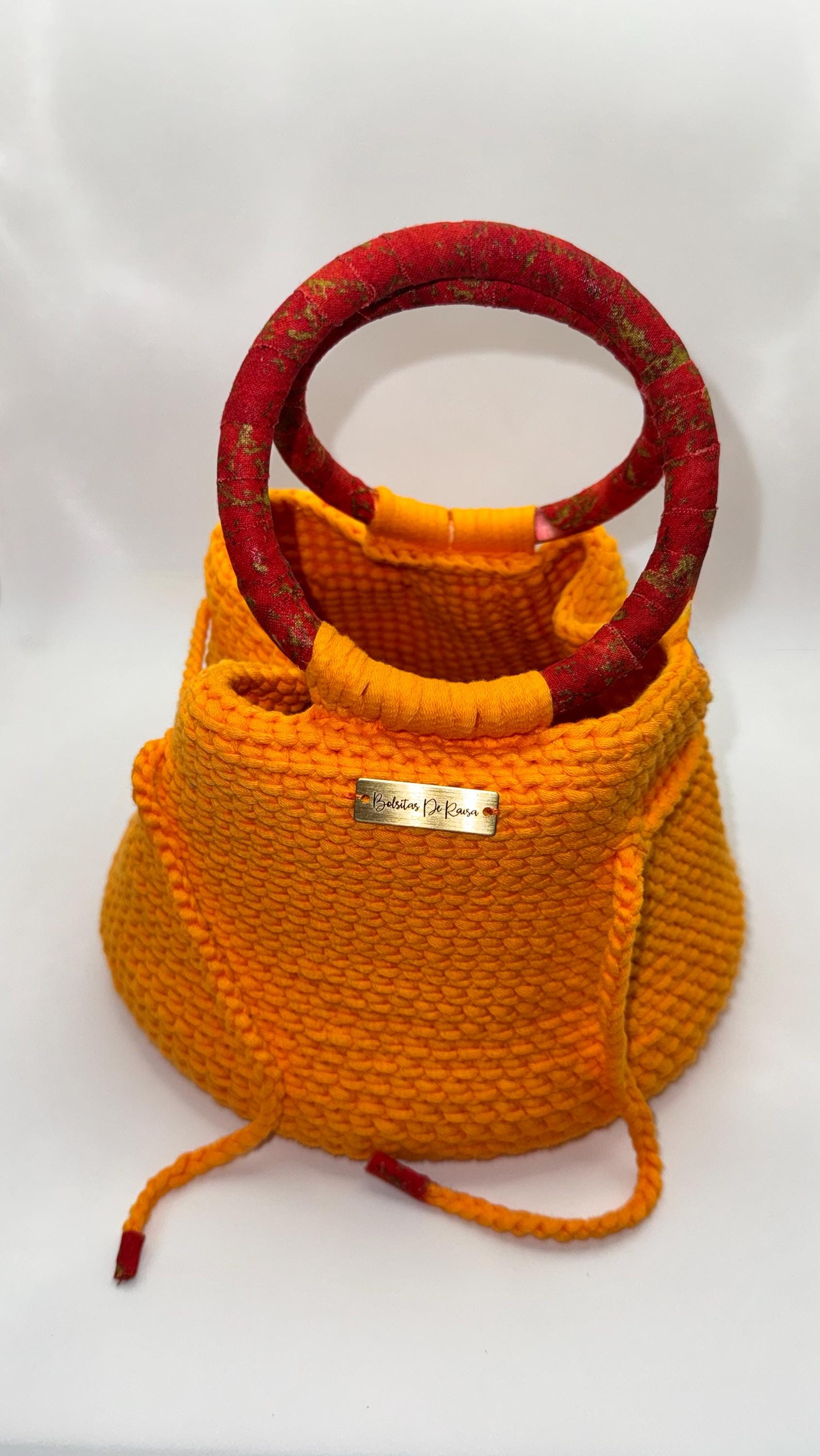 Orange Crochet Bucket Bag | Red Wrapped Handles, Fabric Lined, Drawstring Closure