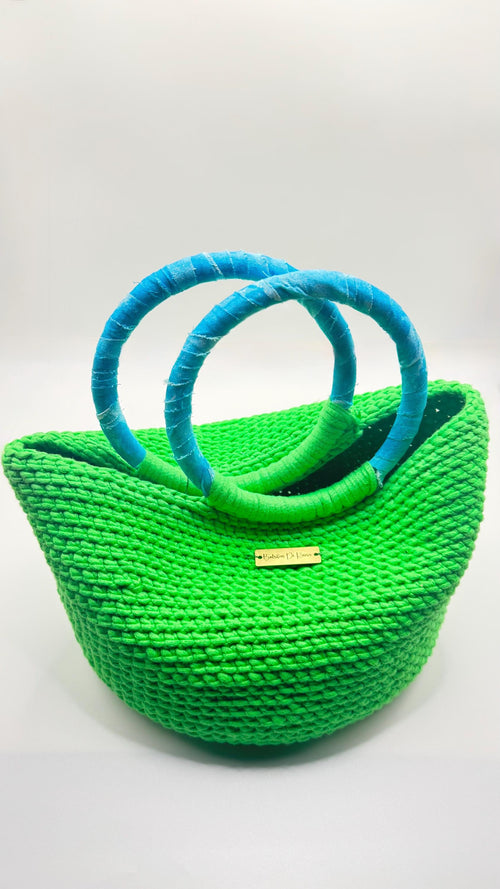 Green Crochet Handbag with Blue Wrapped Handles | Artisan Spring Tote Bag