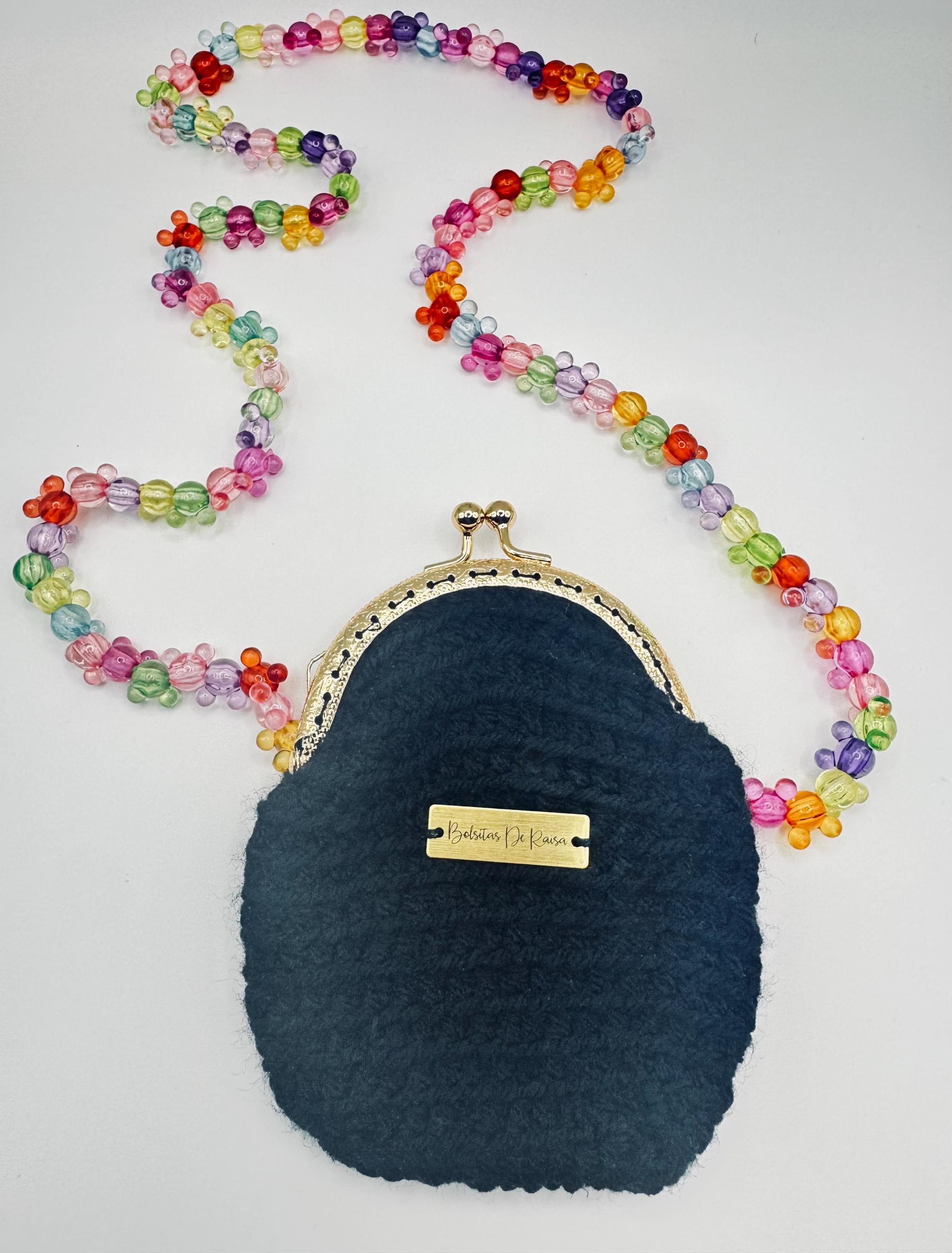 Black Crochet Coin Purse, Gold Kiss Lock, Mouse Ear Beaded Chain, Mini Bag
