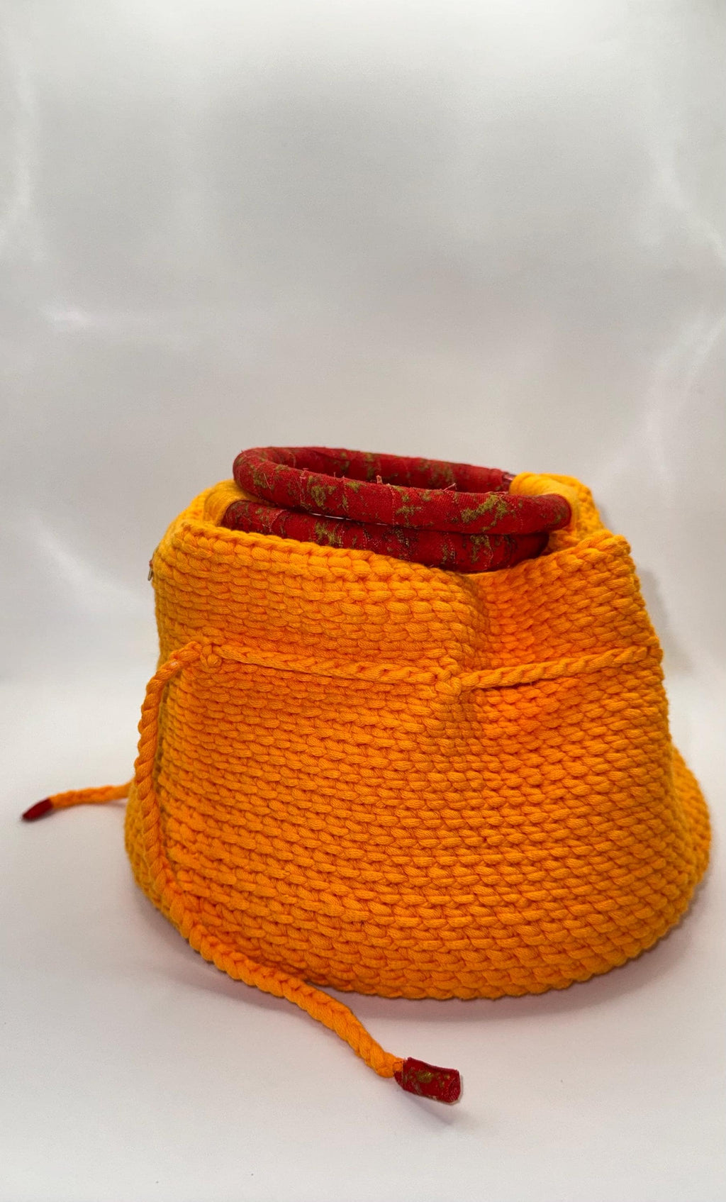 Orange Crochet Bucket Bag | Red Wrapped Handles, Fabric Lined, Drawstring Closure