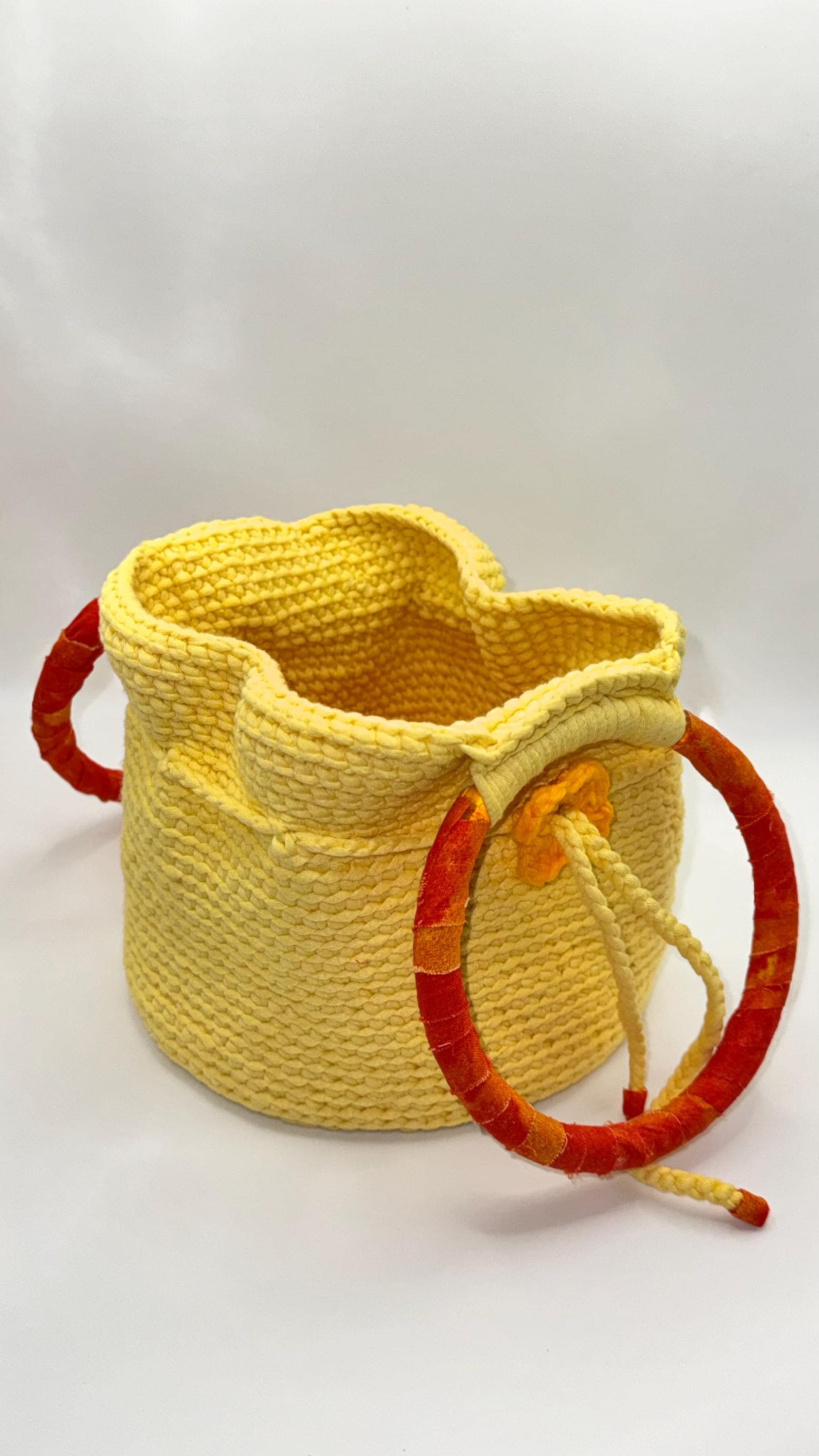 Yellow Crochet Bucket Bag | Wrapped Handles, Floral Detail, Spring Purse